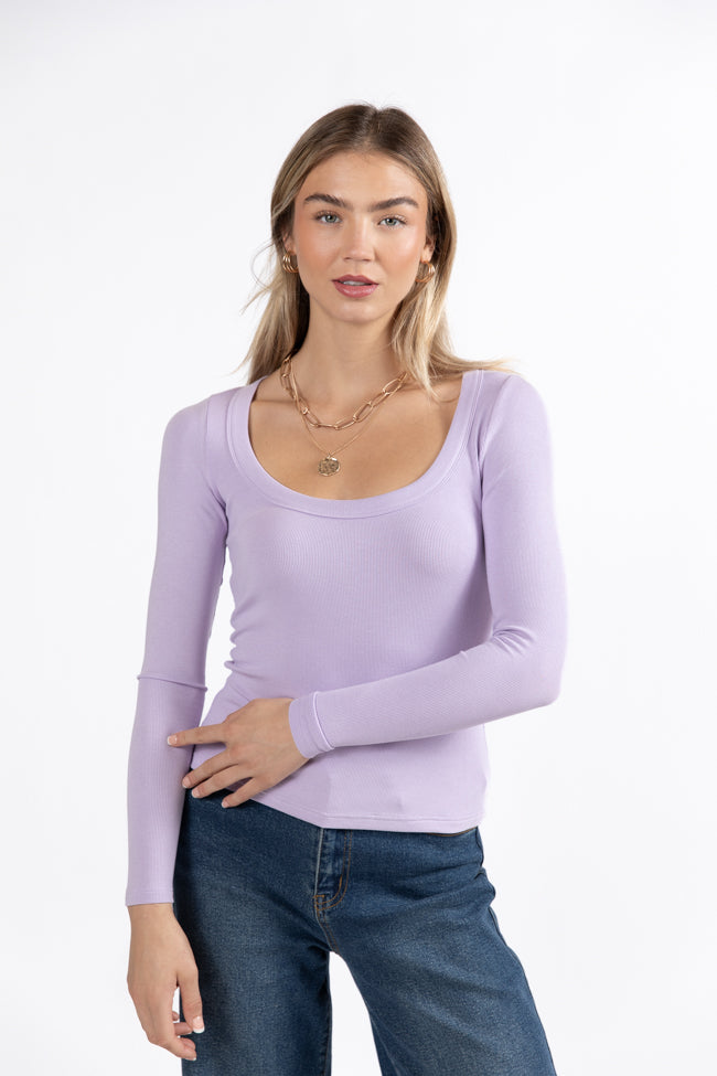 Lilac Ribbed Scoop Neck Long Sleeve T-Shirt for Women - Soft Stretchy Comfort Fit - Casual & Layering Essential - Perfect for Work, Date Night & Everyday Wear