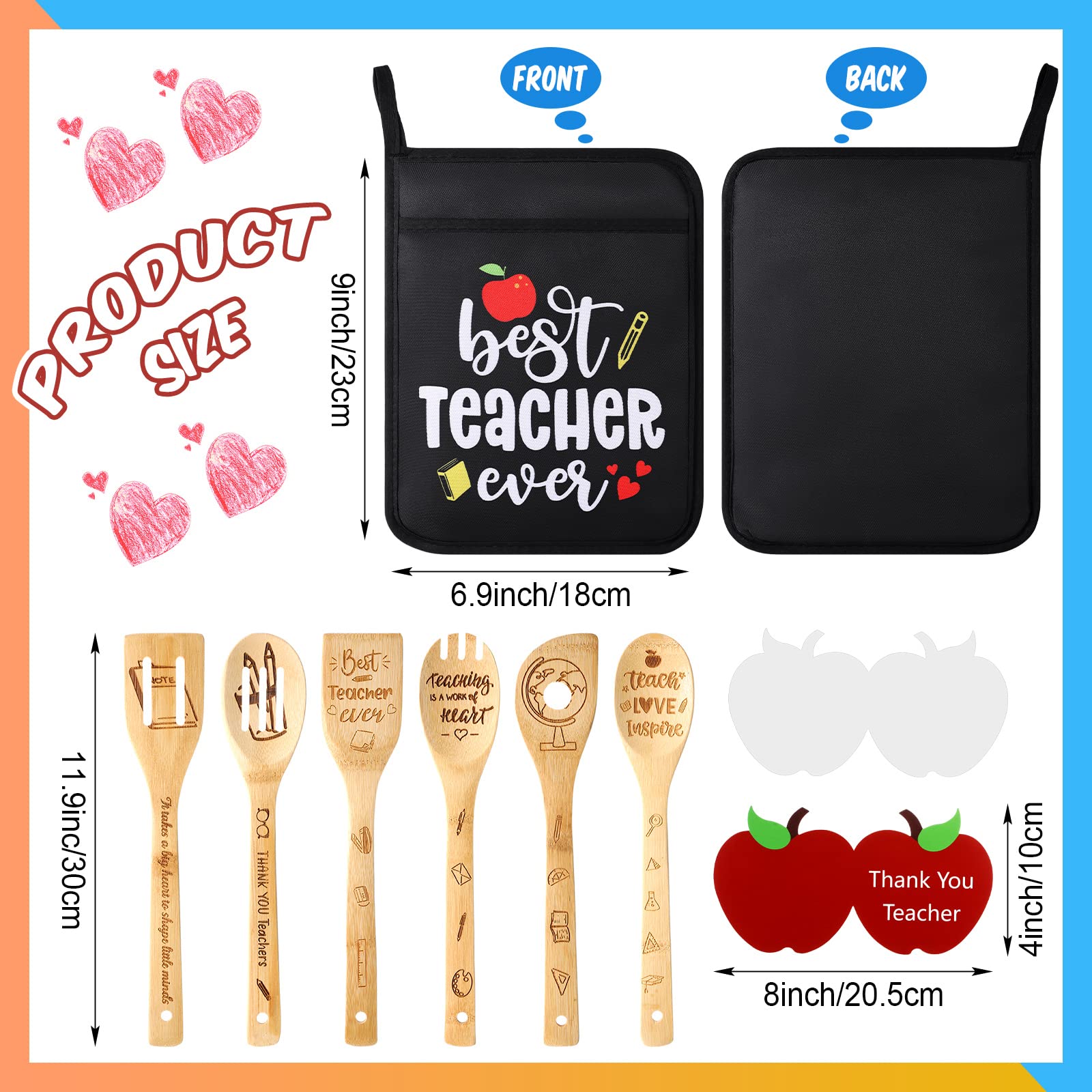 Remerry 12-Piece Teacher Appreciation Gift Set - 3 Heat-Resistant Potholders, Oven Mitt, 6-Piece Bamboo Kitchen Utensil Set & 3 Thank You Cards - Perfect Cooking & Baking Gifts for Women Teachers