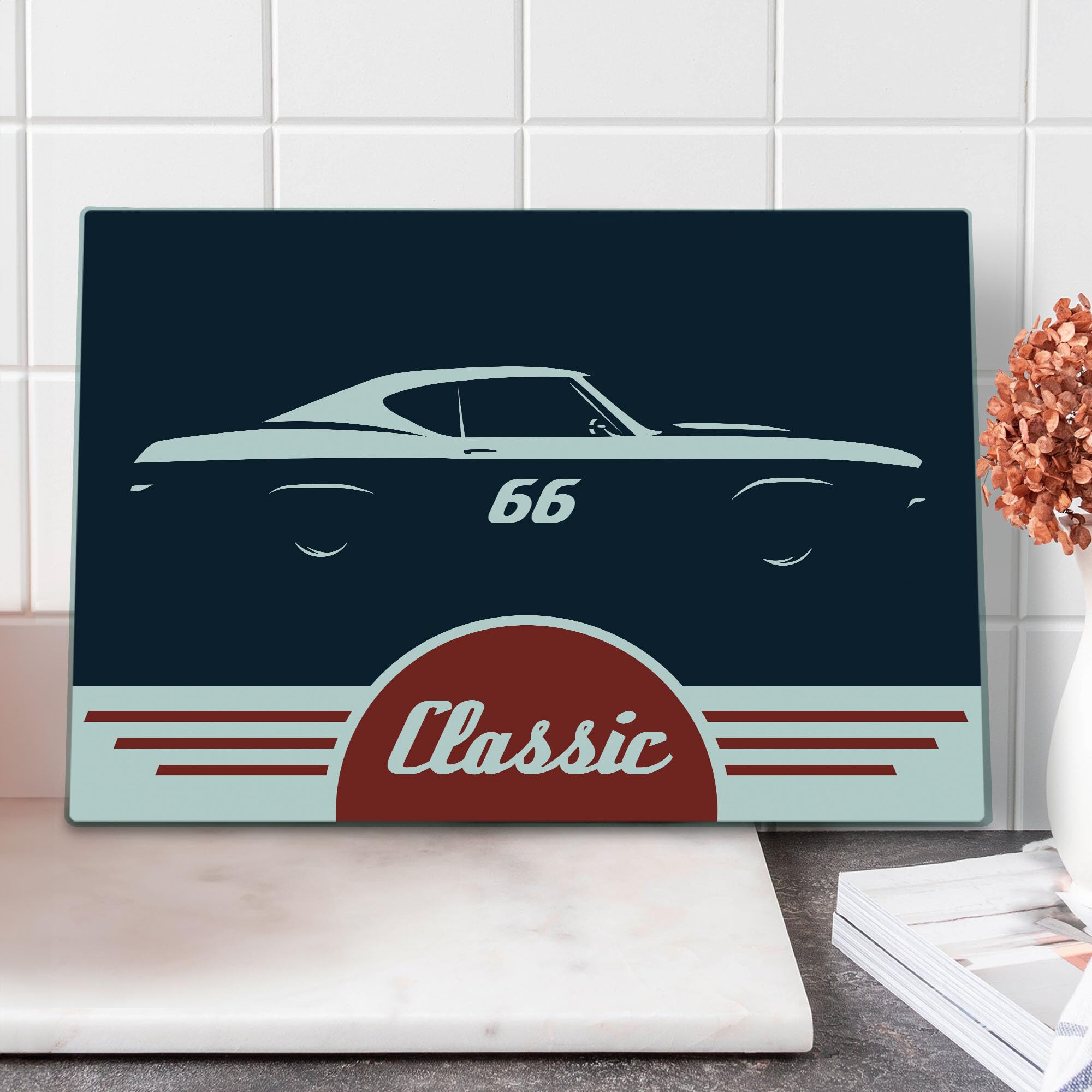 Vintage Sports Car Silhouette Tempered Glass Cutting Board - Large Decorative Serving Tray for Man Cave, Kitchen & Bar - Night Blue Red White Design - Perfect for Entertaining, BBQ Parties & Home Decor