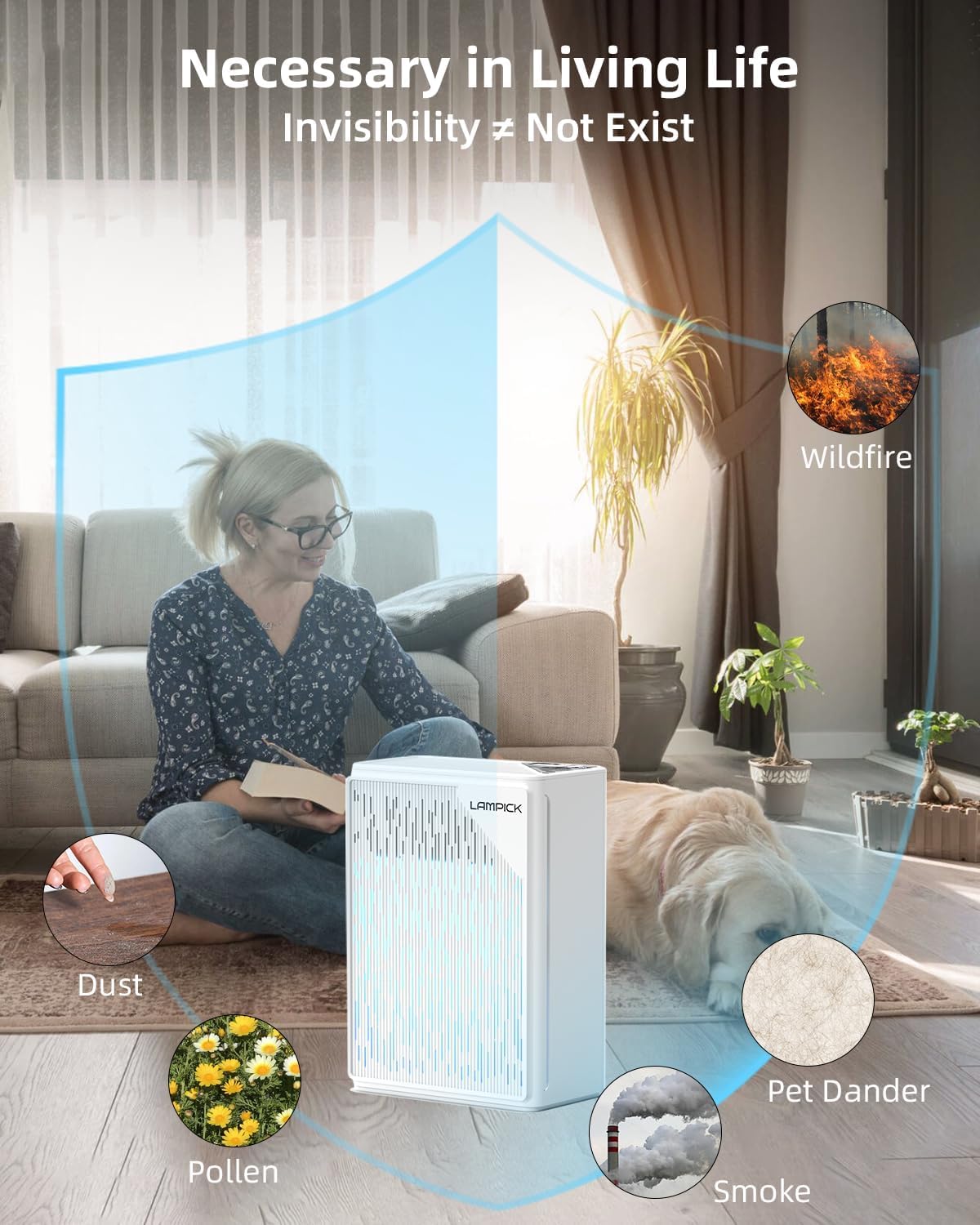 LAMPICK H13 True HEPA Air Purifier for Large Rooms up to 1736 sqft - Pet Hair & Allergen Remover with PM2.5 Detector, Sleep Mode, Night Light & Fragrance Sponge - Ideal for Bedroom, Living Room & Office Use