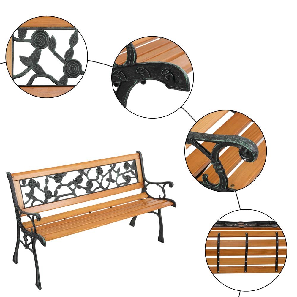 49-Inch Hardwood Garden Bench with Cast Iron Frame - Double Chair with Rose Back Design - Perfect for Backyard, Porch, Deck, Terrace & Garden Pathways (Outdoor Relaxation & Patio Decor)