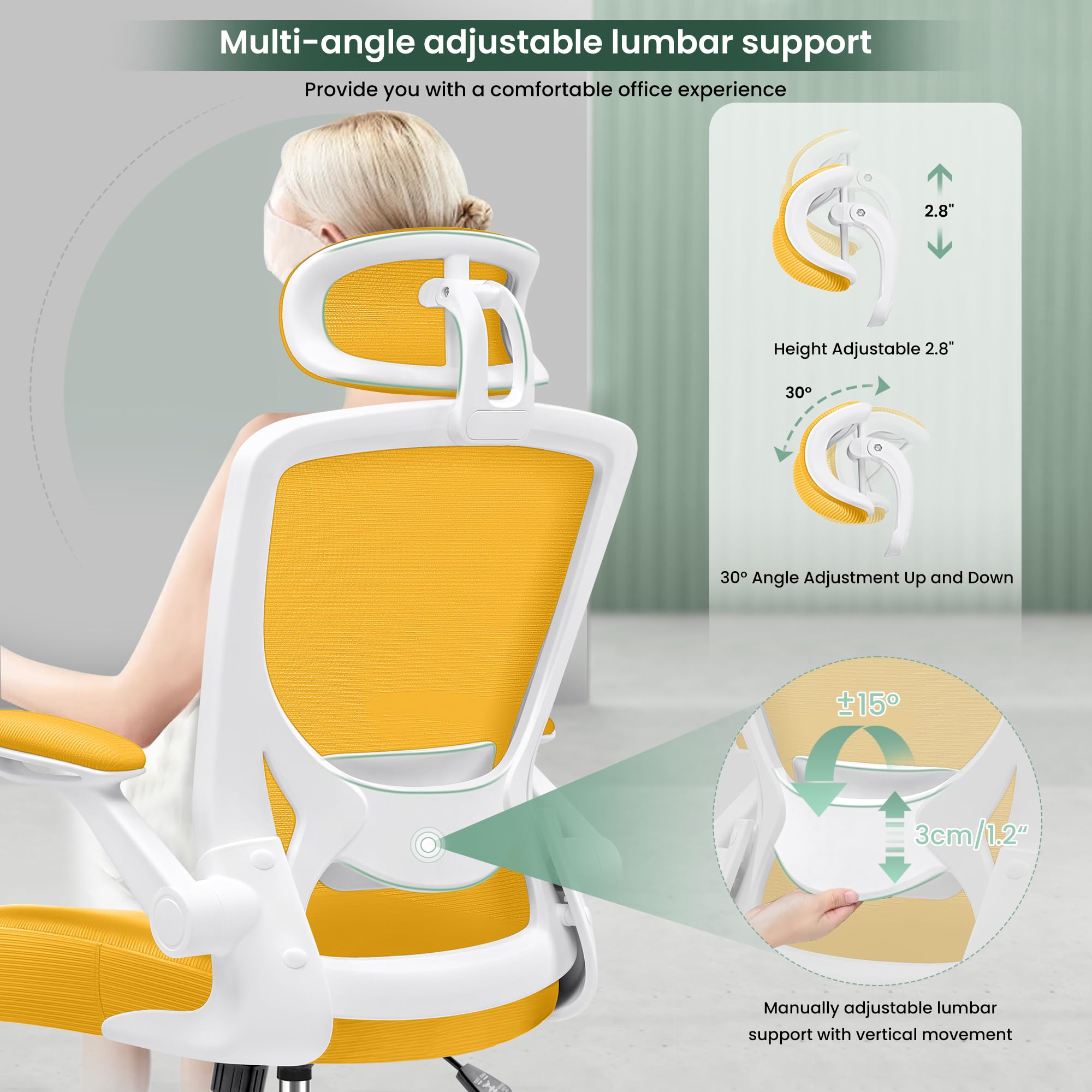 KERDOM Ergonomic Office Chair - Breathable Mesh Desk Chair with Lumbar Support, Adjustable Headrest & Flip-Up Arms - Swivel Task Chair & Height-Adjustable Gaming Chair in Yellow - Perfect for Home Office, Gaming Setup & Workspaces