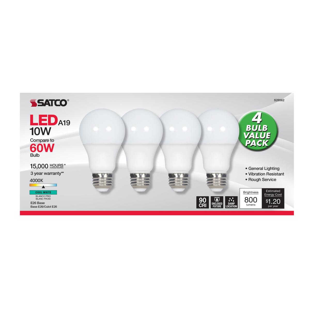 Energy Efficient A19 LED Light Bulb - 60W Equivalent, 10W, 800 Lumens, 4000K Daylight White, E26 Medium Base, Frosted Finish (4-Pack) - Perfect for Home, Office & Commercial Lighting