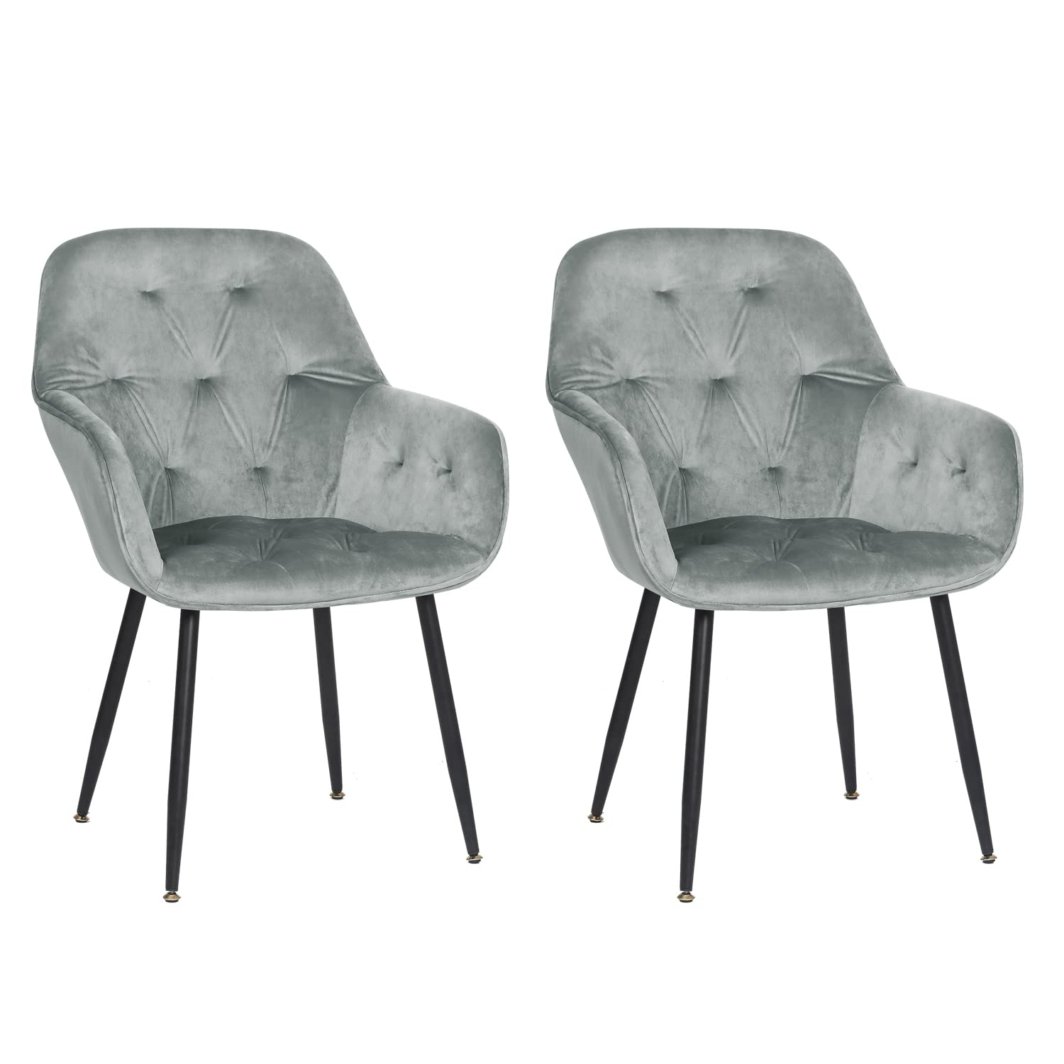 Velvet Dining Chairs Set of 2 - Mid Back Tufted Accent Arm Chairs with Black Metal Legs - Modern Upholstered Leisure Chairs for Living Room, Home Office, Dining Room & Desk (Grey) - Perfect for Small Spaces, Apartments and Cozy Reading Nooks