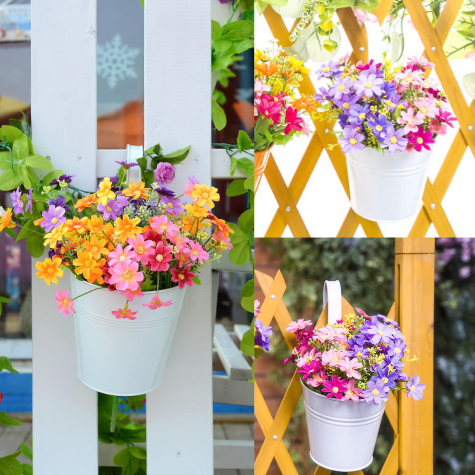 KINGLAKE 10-Pack White Metal Hanging Flower Pots with Detachable Hooks - 4 Inch Iron Planters for Balcony, Garden, Fence & Indoor Decor - Perfect for Herbs, Succulents & Small Flowers