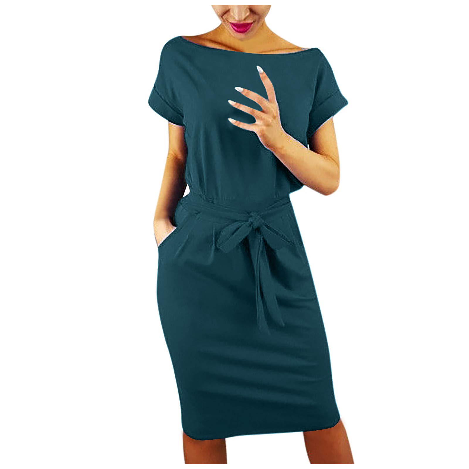 Kaideny Women's Casual Short Sleeve Mini Dress with Pockets - Bodycon Tie Waist Cotton Party Dress for Ladies - Perfect for Summer Outfits, Date Nights & Cocktail Parties