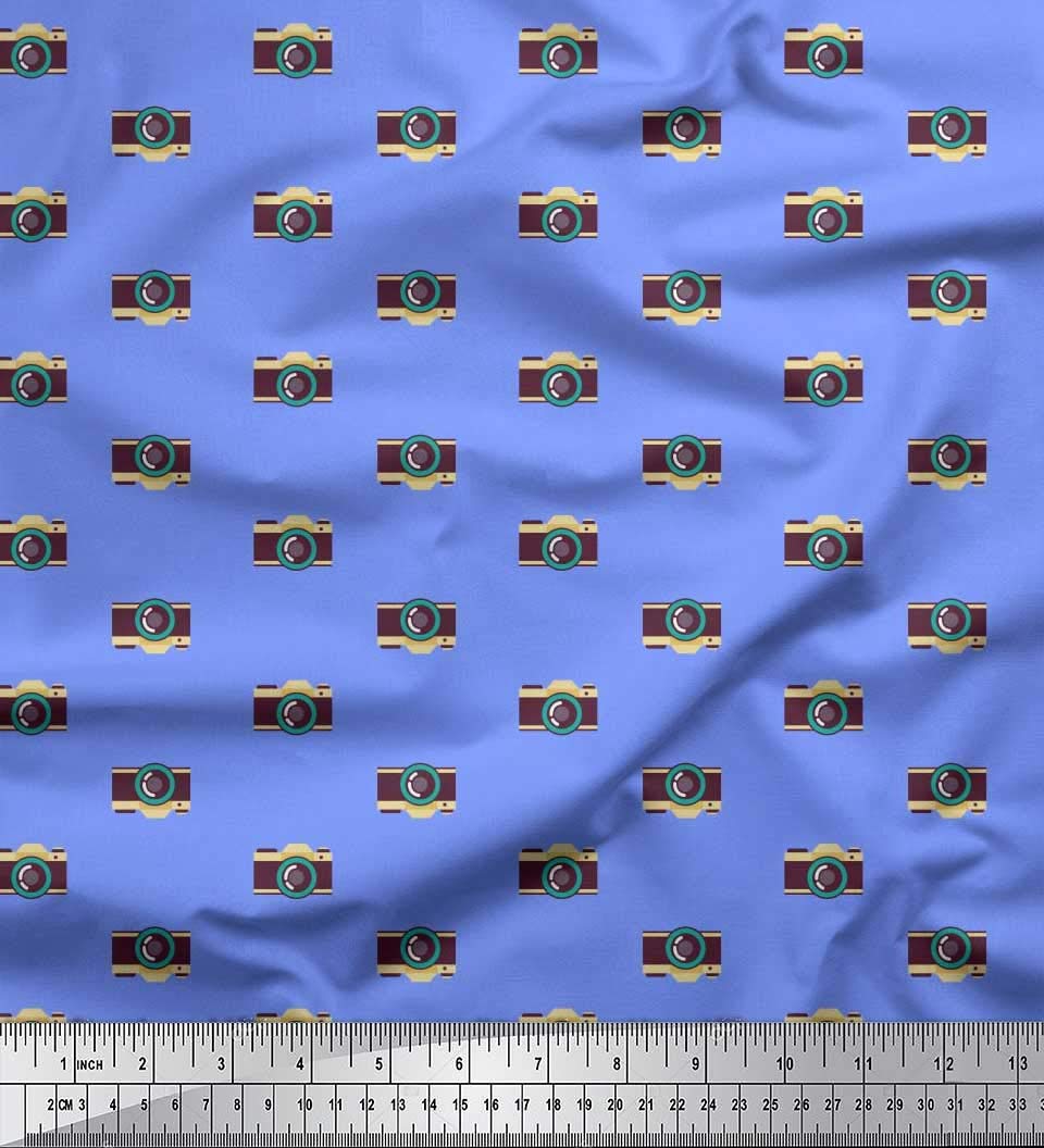 Soimoi Blue Silk Fabric by The Yard - 42 Inch Wide - Camera Print Shirting for Photography Enthusiasts - Perfect for Travel-Themed Shirts, DIY Projects & Photography Backdrops