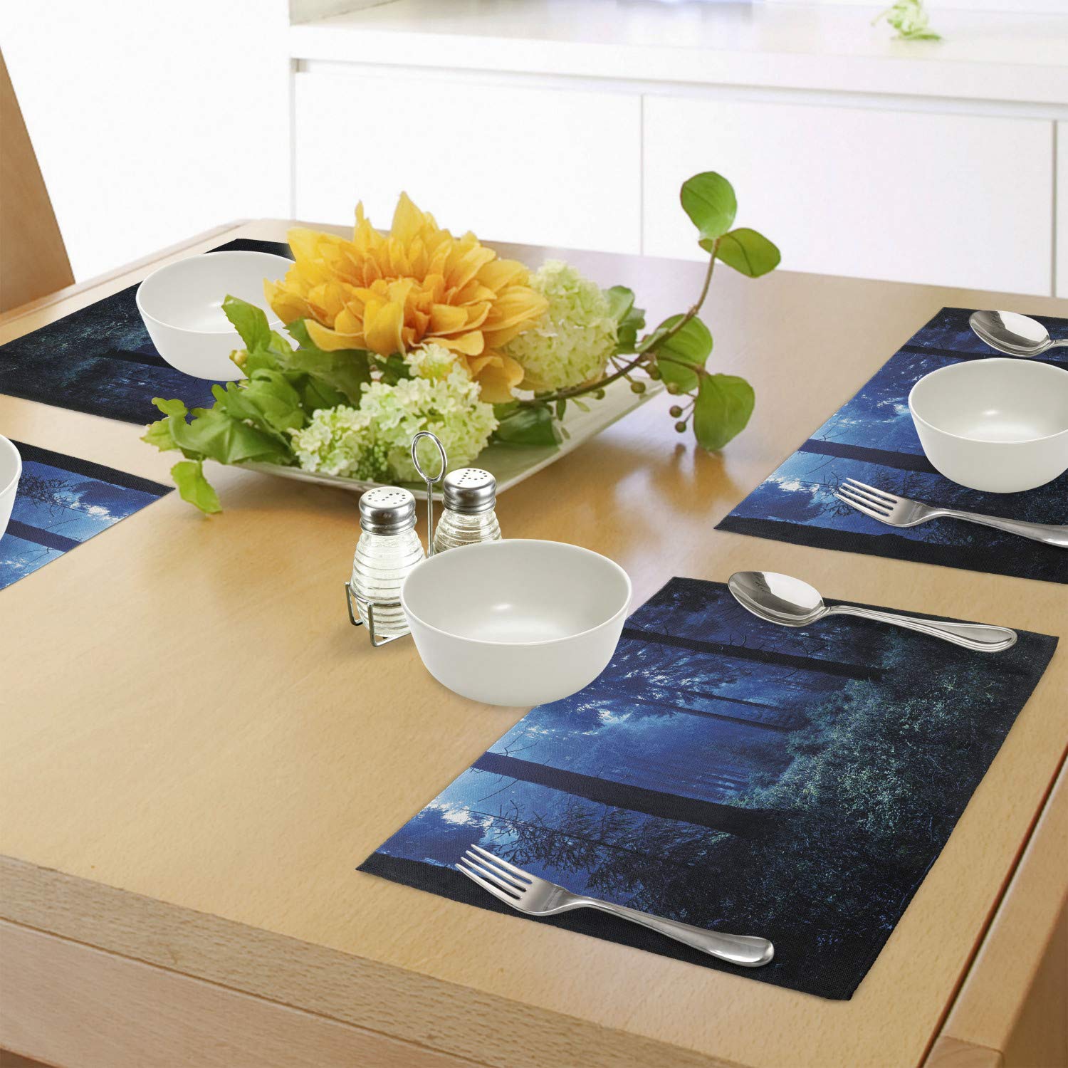 Ambesonne Set of 4 Washable Fabric Placemats - Misty Autumn Forest in Thuringia Germany, Blue Green White Nature Design for Dining Table & Kitchen Decor | Perfect for Fall Dinner Parties, Holiday Gatherings & Cozy Family Meals