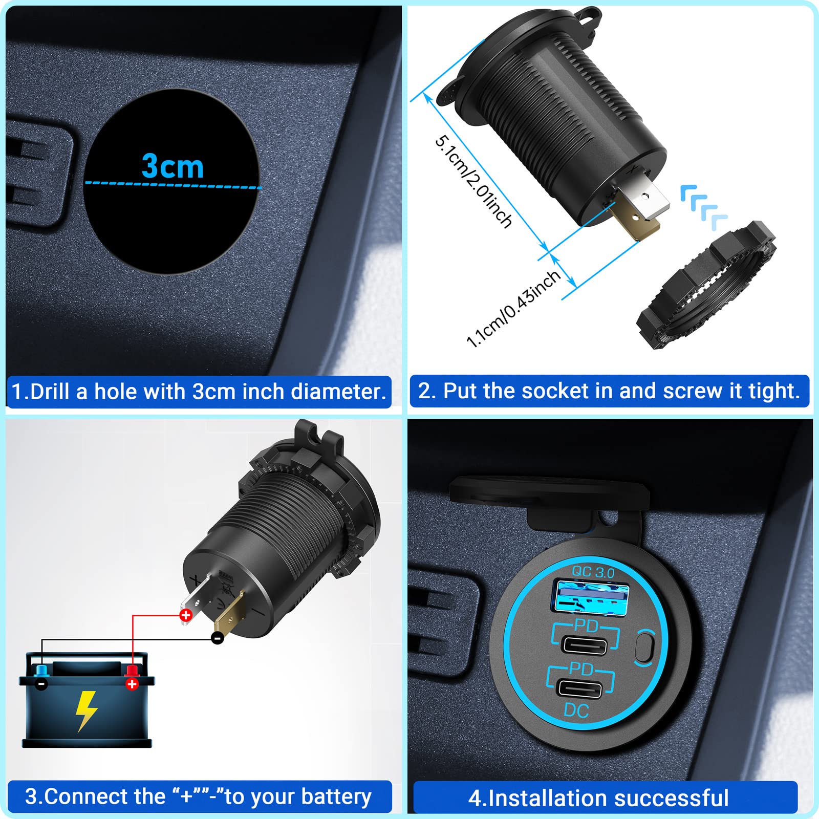 Ouffun 78W USB C Car Charger 12V Dual Port (30W PD & 18W QC3.0) with Button Switch - Waterproof 2-Pack for Car, RV, Boat, Truck, Motorcycle - Fast Charging On The Go for Phones, Tablets & Devices