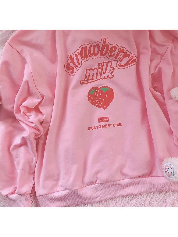 3XL Harajuku Kawaii Strawberry Print Pink Fleece Sweatshirt for Women - Cute Y2K Kpop Fashion Top - Perfect for Streetwear, Casual Outfits & Anime Cosplay