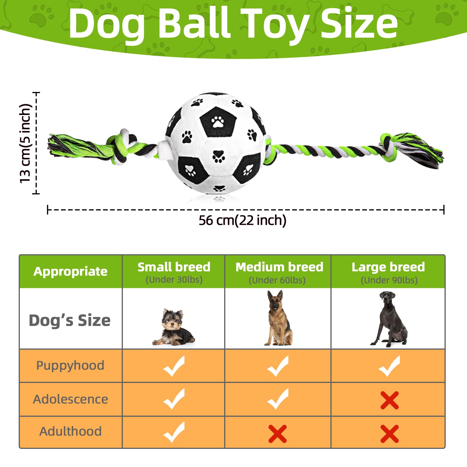 QDAN Durable Dog Rope Toy - Interactive Tug of War Soccer Ball with Handle Strap - Plush Chew Toy for Small & Medium Dogs - Perfect for Outdoor Play, Training & Birthday Gifts (Black, Medium Size)