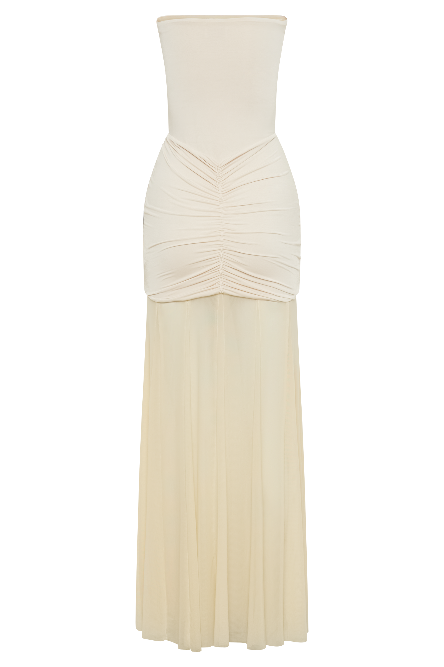 Elegant Off Shoulder Maxi Dress with Slinky & Mesh Details in Ivory - Perfect for Summer Weddings, Beach Vacations & Evening Parties
