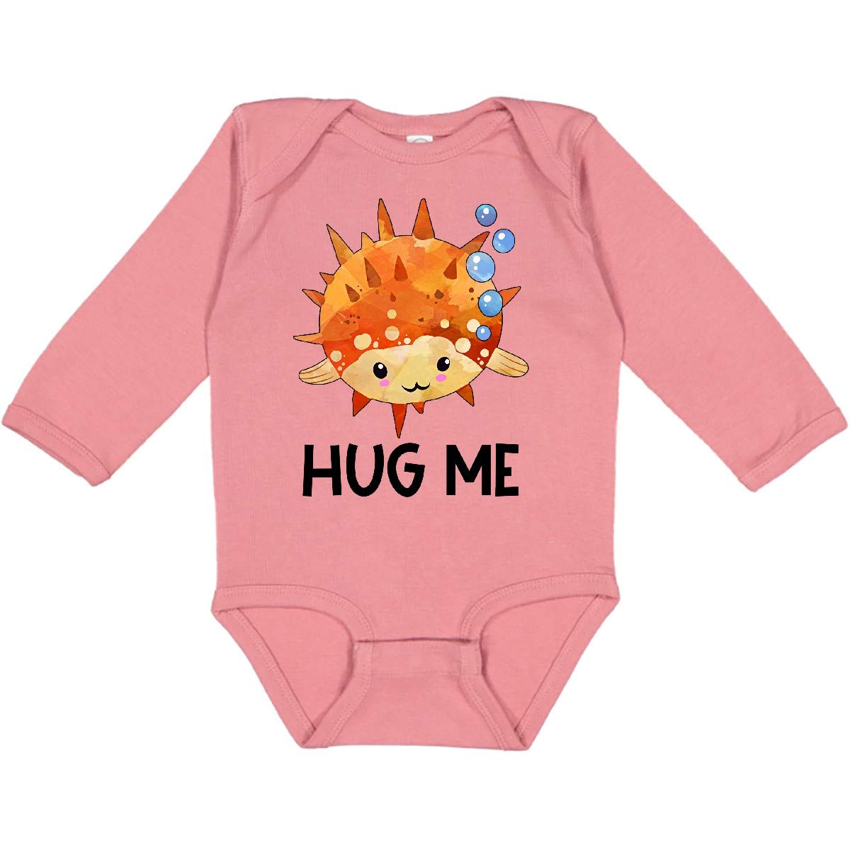 Inktastic Hug Me Cute Pufferfish with Bubbles Baby Long Sleeve Bodysuit - Soft Cotton Onesie for Infants, Newborns & Toddlers - Perfect for Playtime, Photo Shoots & Everyday Wear