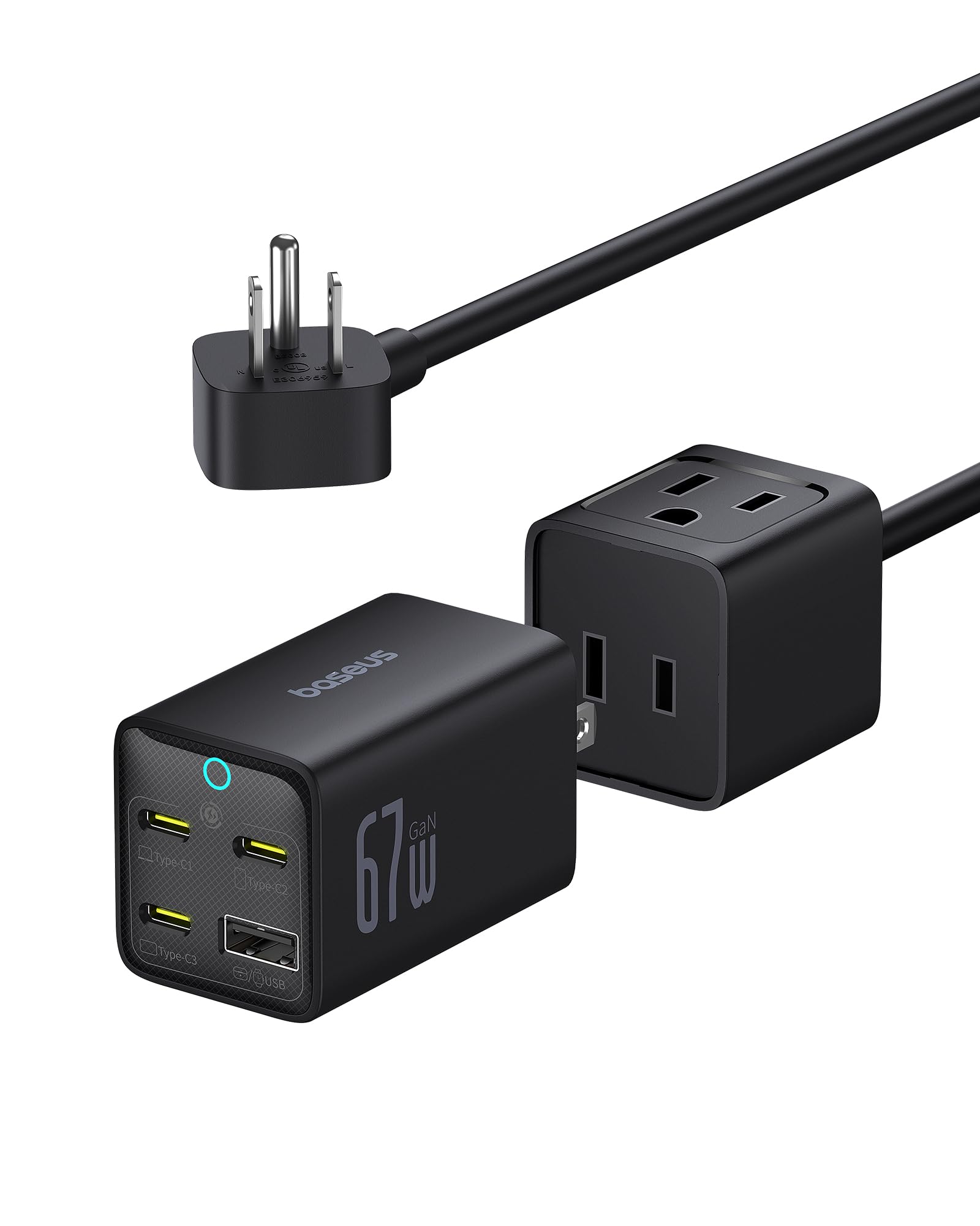 Baseus 67W 5-in-1 Detachable Travel Charging Station with USB C Fast Charger & 2 AC Outlets - 5ft Flat Extension Cord for MacBook Pro, iPhone, iPad, Samsung - Perfect for Cruise Travel, Office & Home Use