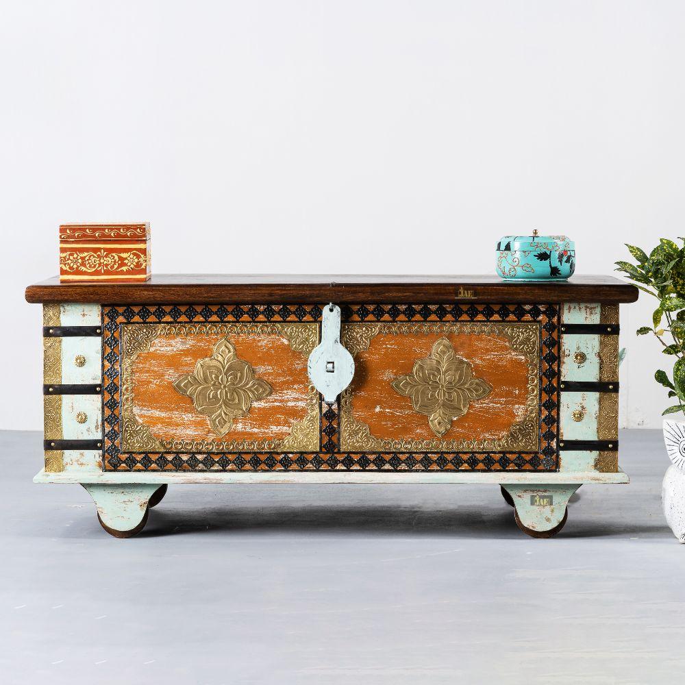 Handmade Antique Mango Wood Trunk with Brass Fittings - Embossed Light Blue Storage Chest for Home Decor & Jewelry Organizer | Vintage Style Decorative Box for Bedroom, Living Room & Wedding Gift