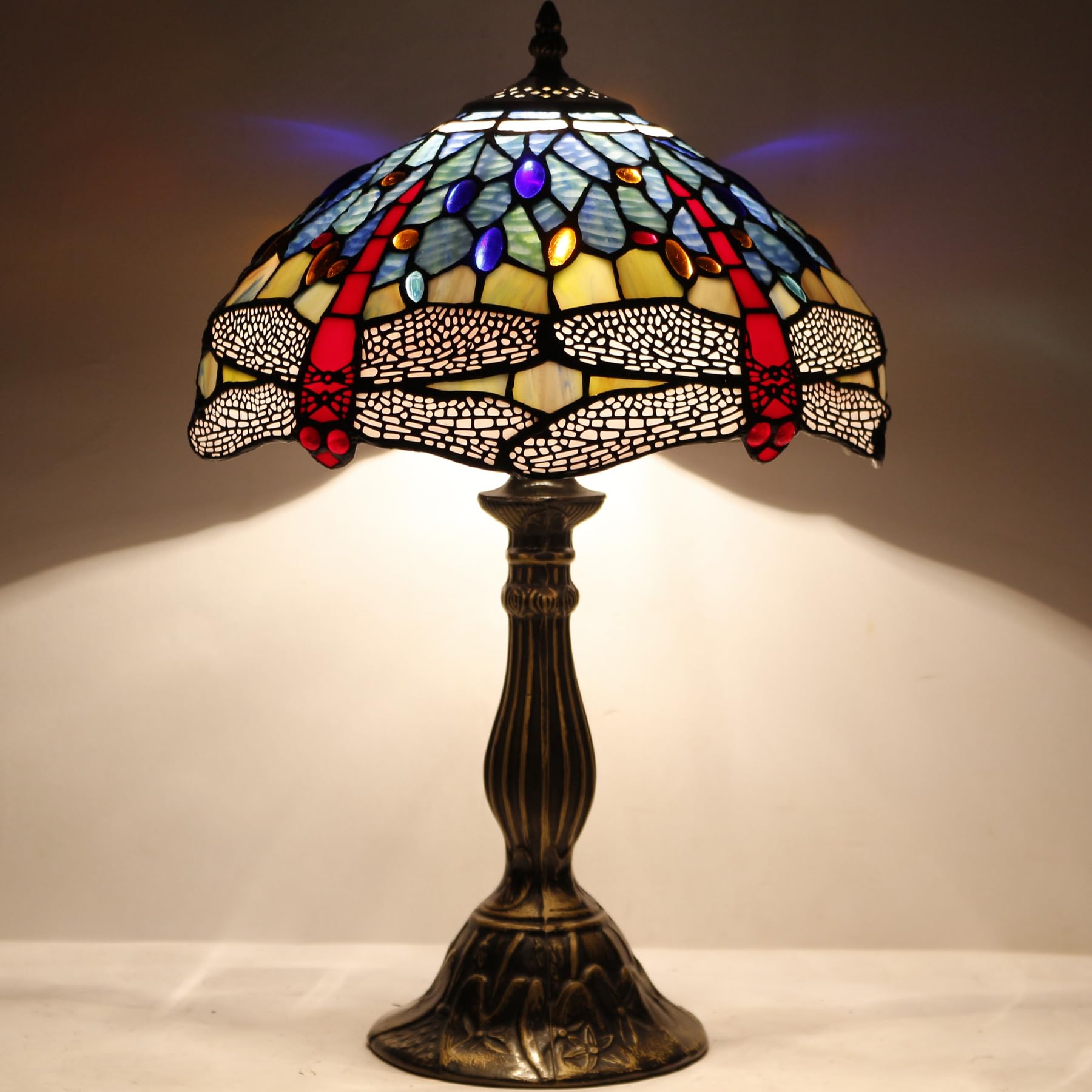 WERFACTORY Tiffany Style Stained Glass Dragonfly Table Lamp - Blue & Red Handcrafted Bedside Reading Light, 12x12x18 Inches - Perfect for Bedroom Nightstand, Living Room Decor & Home Office (S688 Series)