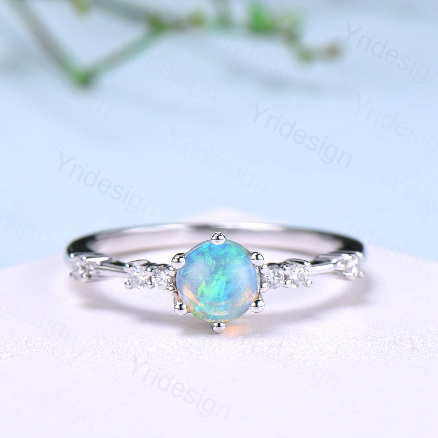 Natural Fire Opal & Diamond Engagement Ring in White Gold - Dainty Minimalist Bridal Ring for Women, Anniversary Gift, Wedding Proposal, Everyday Elegant Jewelry