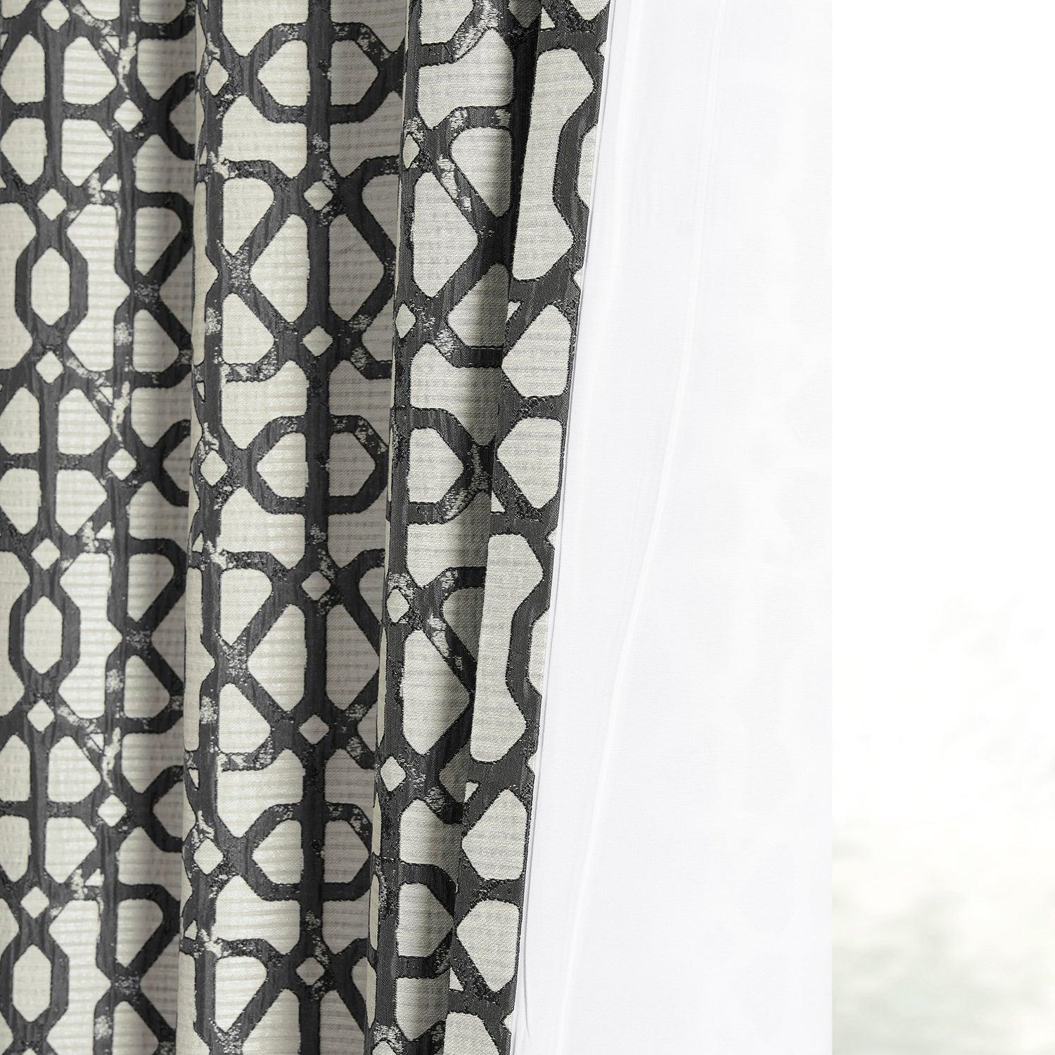 Metro Black Geometric Faux Silk Jacquard Blackout Curtains for Bedroom & Living Room - Elegant Window Treatment for Light Control and Privacy