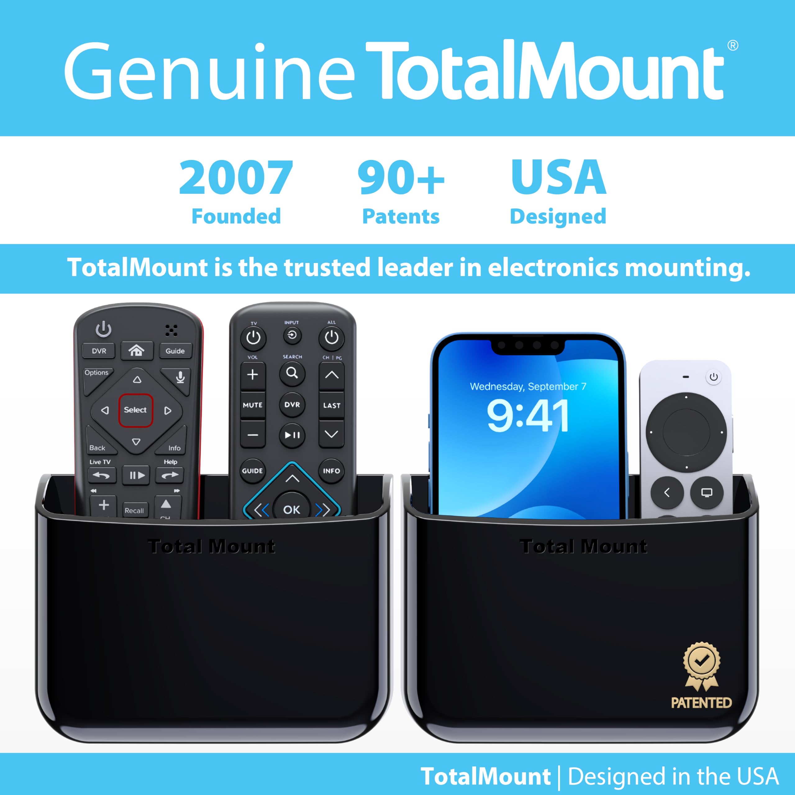 TotalMount Universal TV Remote Control Holder - Wall or TV Mount for All Remotes | Premium Black (2-Pack) | Perfect for Living Room, Bedroom & Home Theater Organization