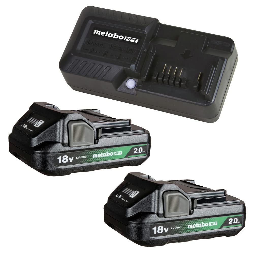 Metabo HPT 18V 2-Pack Lithium-Ion Batteries with Fast Charger Kit | 2.0Ah High-Capacity Batteries with LED Charge Indicator | UC18YKSLS | Perfect for Cordless Power Tools, Drills, Saws and Outdoor Equipment
