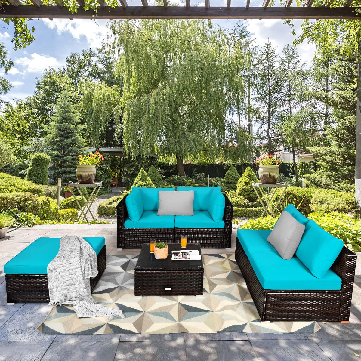 **Tangkula 6-Piece Patio Furniture Set - Durable Steel Frame & PE Rattan Wicker Outdoor Sectional Sofa with Coffee Table - Turquoise - Perfect for Backyard, Deck, Lawn, and Garden Relaxation**