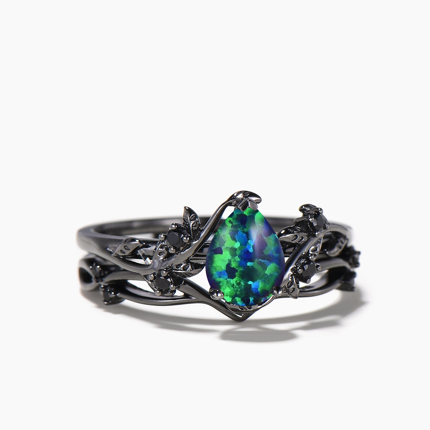 Black Opal Teardrop Leaf Wedding Ring Set - Nature Inspired Black Gold Bridal Jewelry for Engagement, Anniversary & Special Occasions