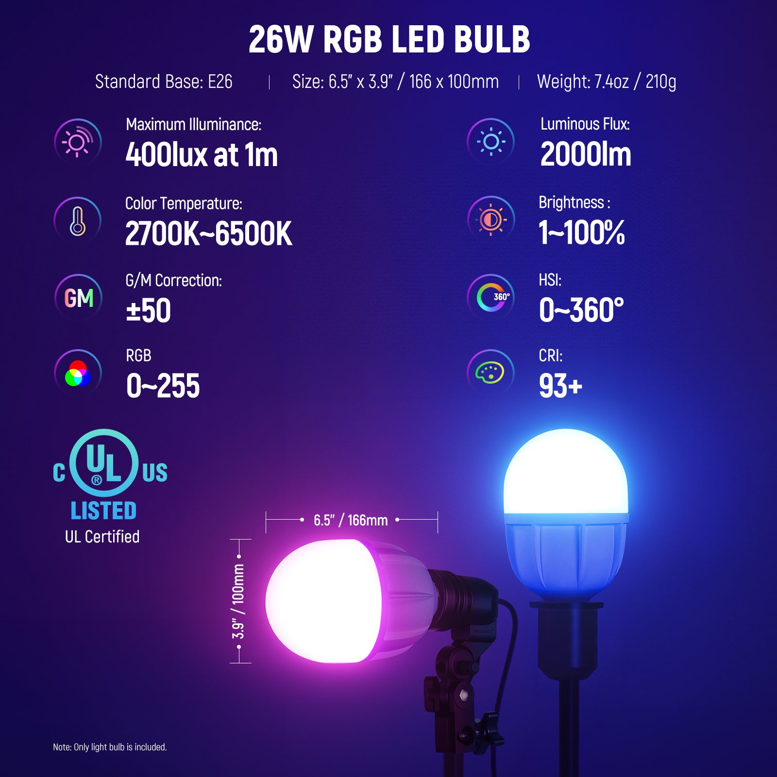 NEEWER T100C 24W RGB LED Smart Light Bulb - Dimmable Color Changing Bulb for Home, Party, Gaming & Photography Lighting (Works with Alexa & Google Assistant)