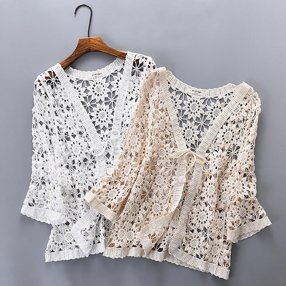 Women's Cotton Casual Floral Lace Crochet 3/4 Sleeve Cardigan - Boho Cover Up Shrug for Spring & Summer - Perfect for Beach, Vacation, and Everyday Wear