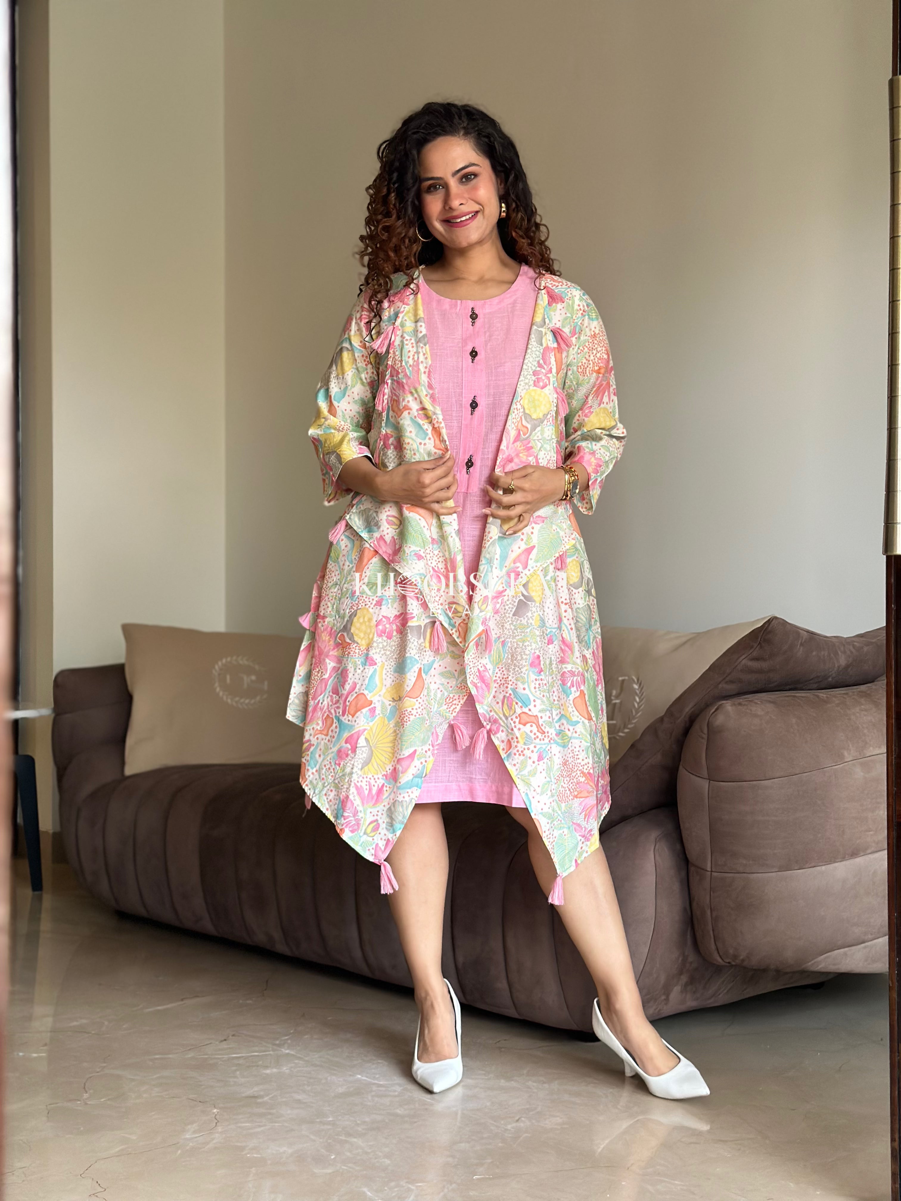 Shein Women's Printed Pink Jacket Dress - Casual Spring Outfit for Streetwear & Date Night
