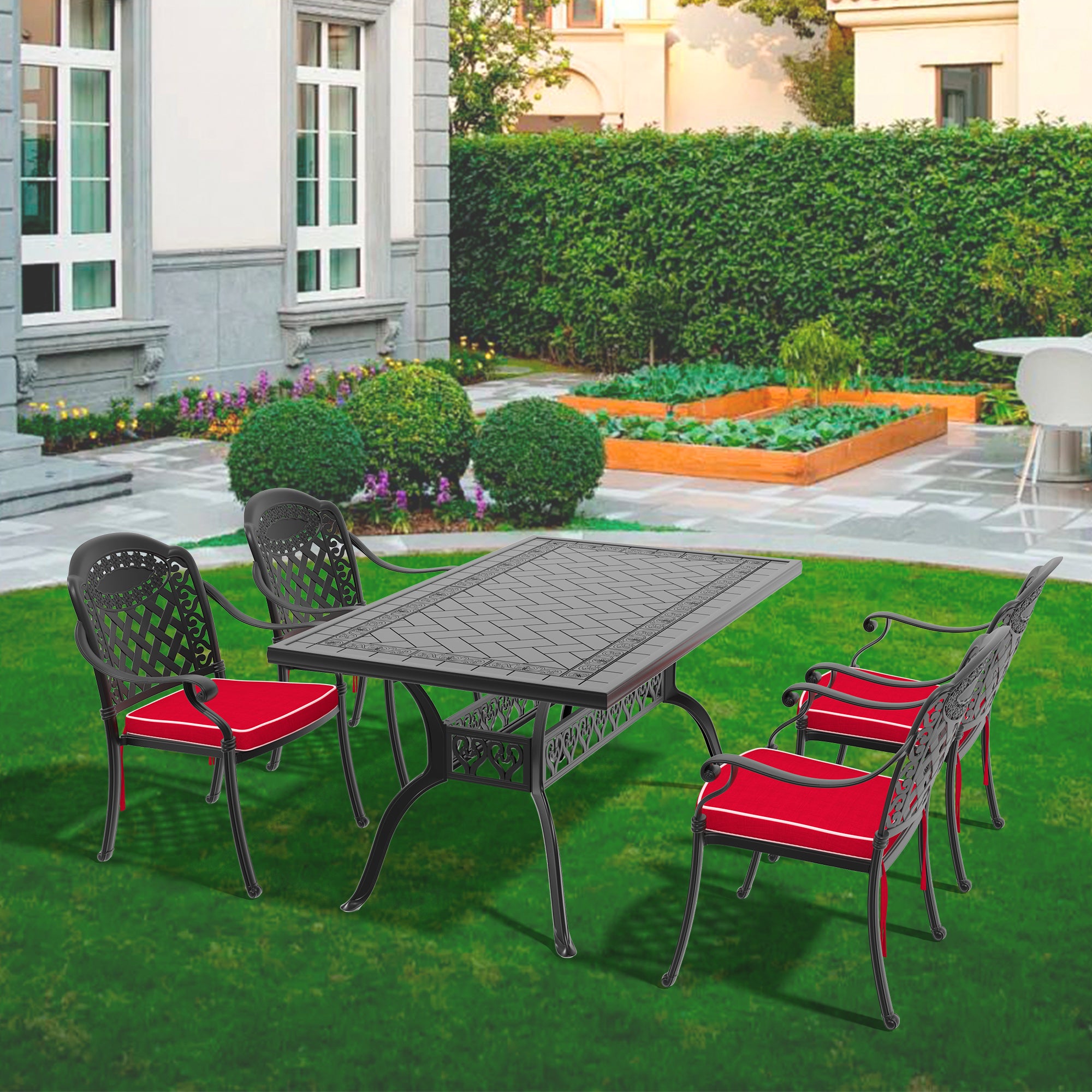 5-Piece Cast Aluminum Patio Furniture Set with Cushions (Random Colors) - Durable Outdoor Seating for Garden, Poolside & Backyard Relaxation