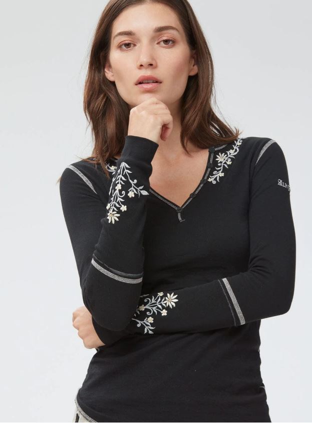 Flora Henley Women's Black Henley Shirt - Casual Long Sleeve Top for Everyday Wear, Layering & Outfits