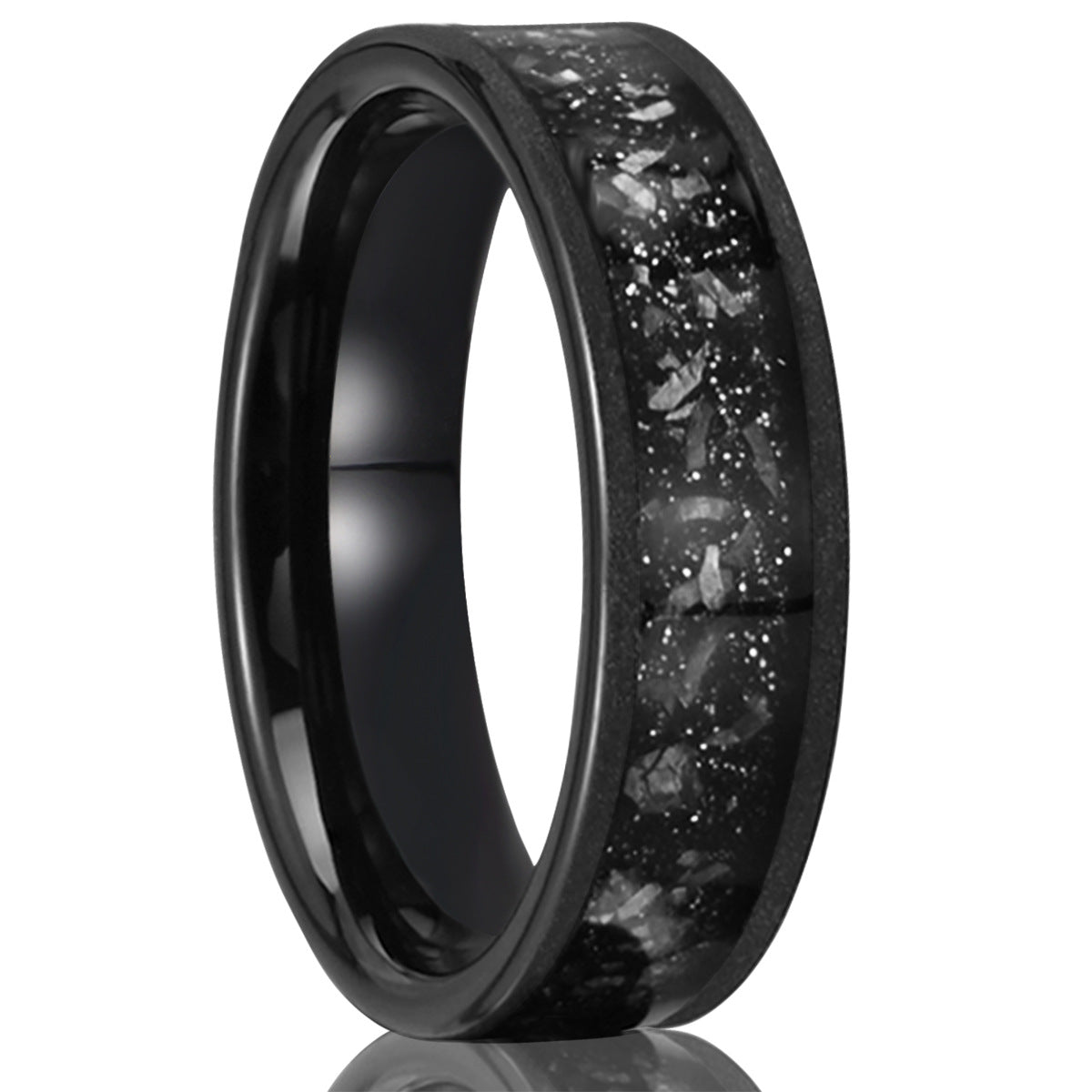 6mm Tungsten Steel Men's Wedding Band with Meteorite Inlay - Black Sandblasted Finish - Durable & Scratch-Resistant Couple Rings for Men - Perfect for Anniversaries, Engagements & Everyday Wear