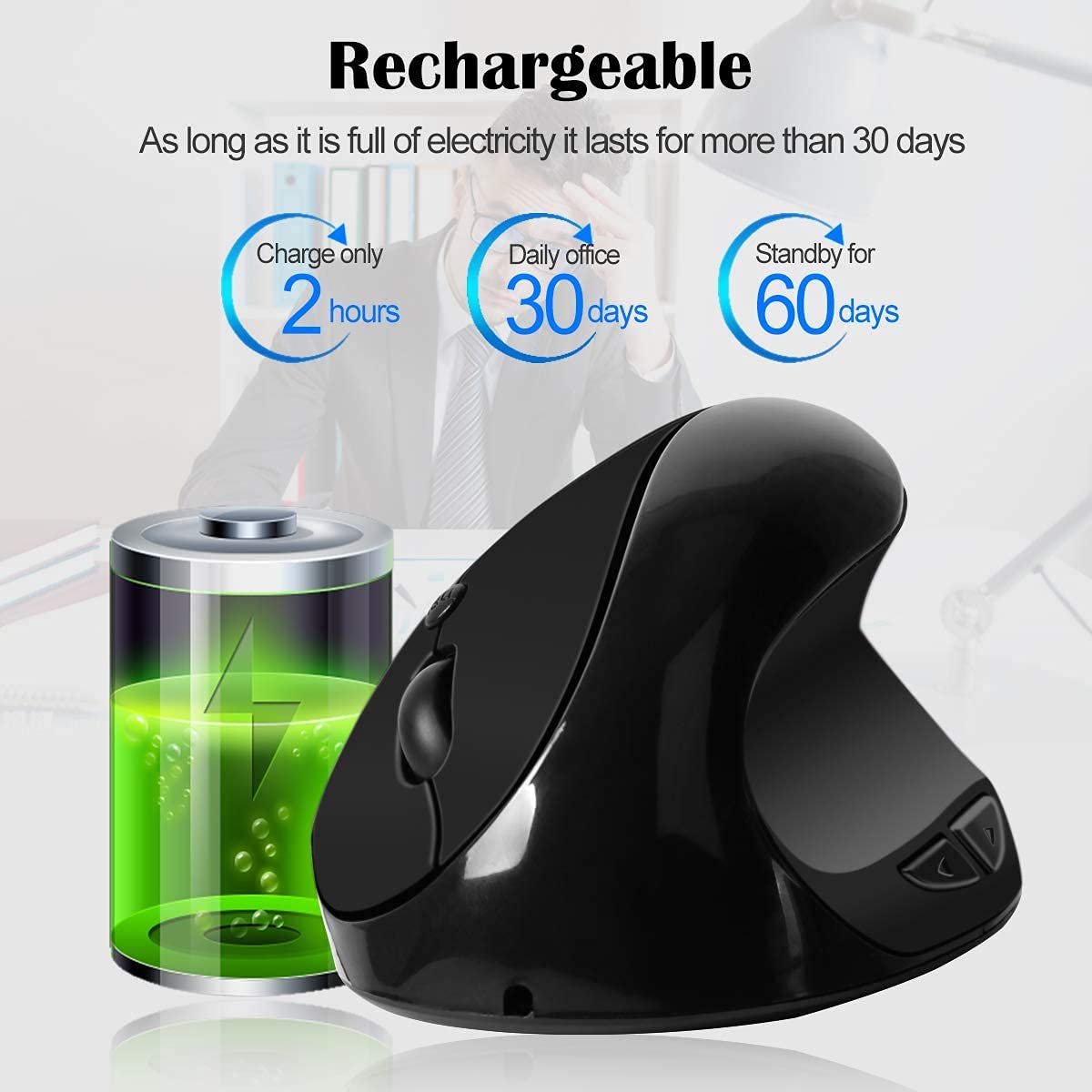 Wireless Vertical Ergonomic Mouse - Rechargeable 2.4G Silent Optical USB Mouse with Adjustable DPI (1000/1200/1600) & 6 Buttons for PC, Laptop, Desktop - Black | Perfect for Office Work, Gaming & Long Computer Sessions