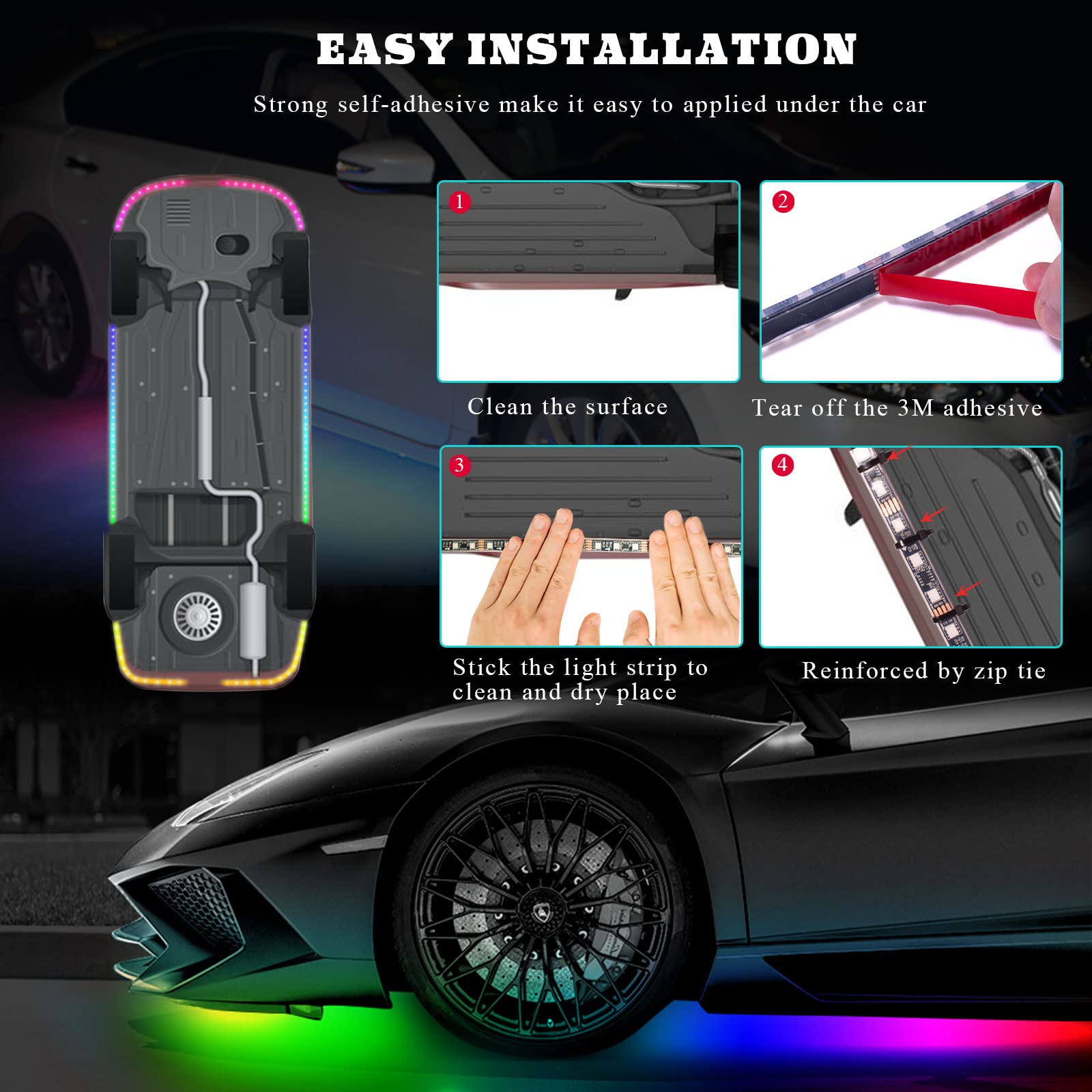 6PCS RGB Car LED Underglow Lights Kit - 12V 300 LEDs Waterproof Underbody Neon Strip Lights with Dream Color Chasing & APP Control for Cars, Trucks, Boats | Perfect for Night Driving, Car Shows & Custom Vehicle Lighting