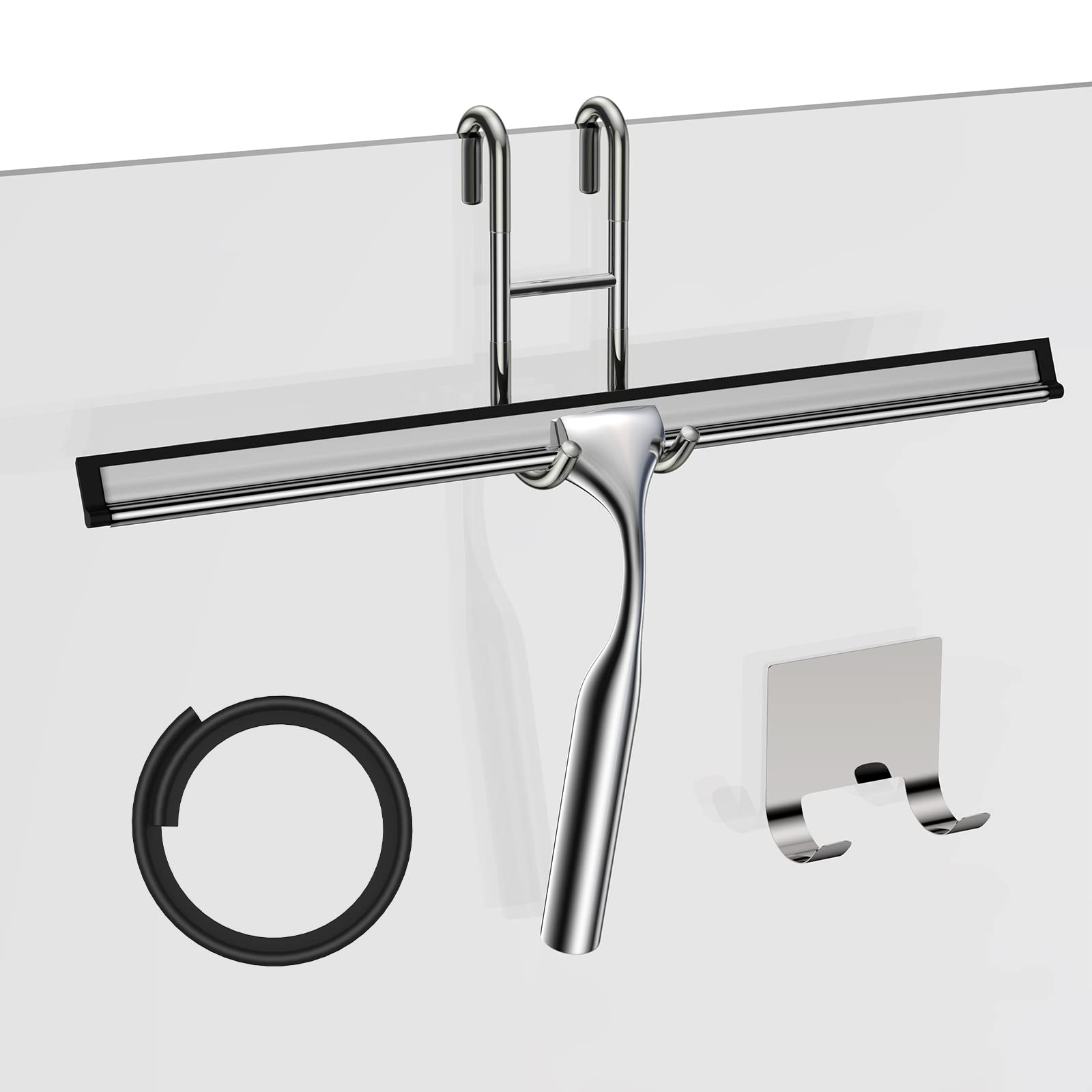 14-Inch Stainless Steel Shower Squeegee Set with Hooks & Extra Blade - Glass Window Cleaner for Bathroom, Mirror, Car & Shower Doors - Perfect for Streak-Free Cleaning After Showers or Car Washing
