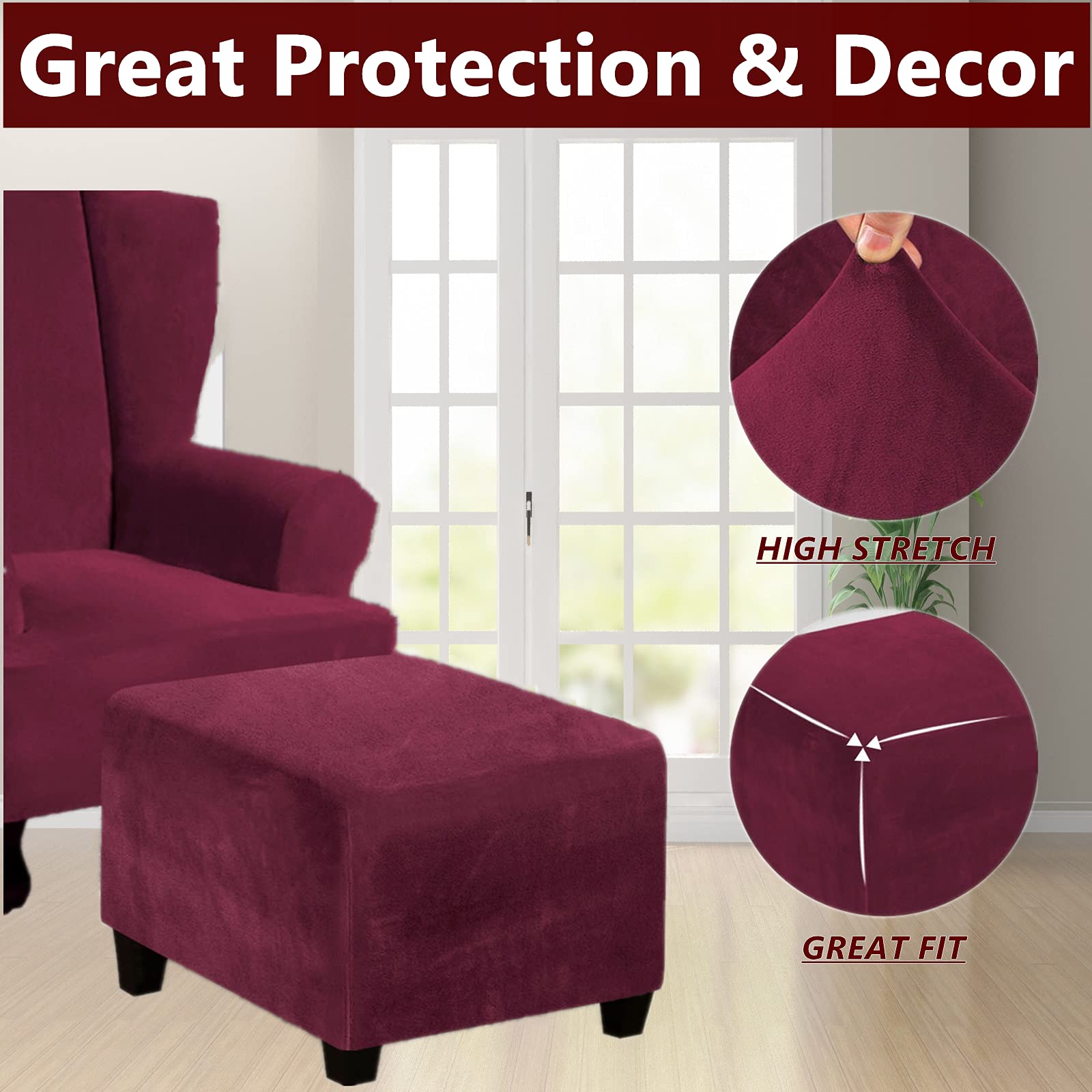 Stretch Velvet Ottoman Slipcover - Square Footstool Cover with Elastic Bottom for Folding Storage Ottoman - Burgundy - Perfect for Living Room, Bedroom & Home Decor