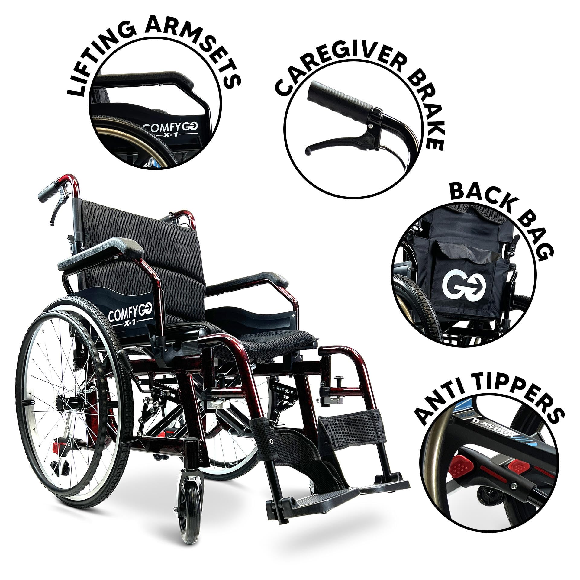Ultra Lightweight Foldable Manual Transport Wheelchair for Adults - 17.5 Inch Ergonomic Seat, Adjustable Leg Rests & Wide All-Terrain Wheels - Portable Medical Wheelchair (Red) - Perfect for Travel, Hospitals, and Outdoor Mobility