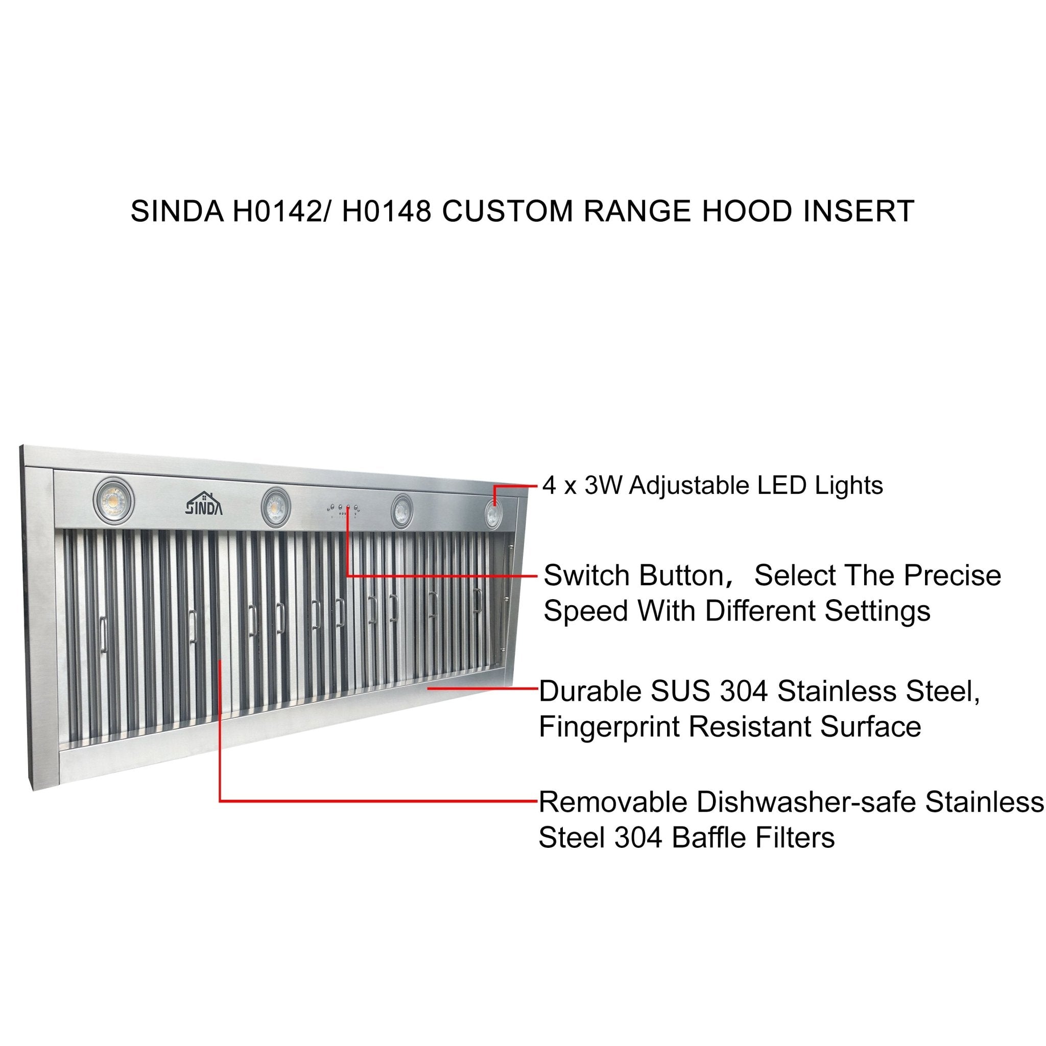 SINDA 42-inch Stainless Steel Built-In Range Hood Insert - 1150 CFM Powerful Ventilation with Adjustable LED Lighting - H0142 Model (Fast 6-Day Delivery) - Perfect for Modern Kitchens, Restaurants & Home Renovations