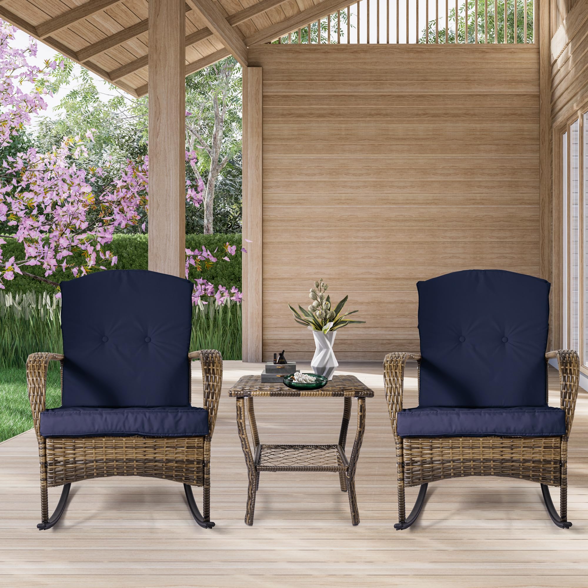 MAXPRIME 3-Piece Outdoor Wicker Rocking Chair Set with Cushions - Patio Furniture for Porch, Backyard, Garden & Bistro - Blue Rattan Rocking Chairs for Relaxing, Lounging & Outdoor Entertaining