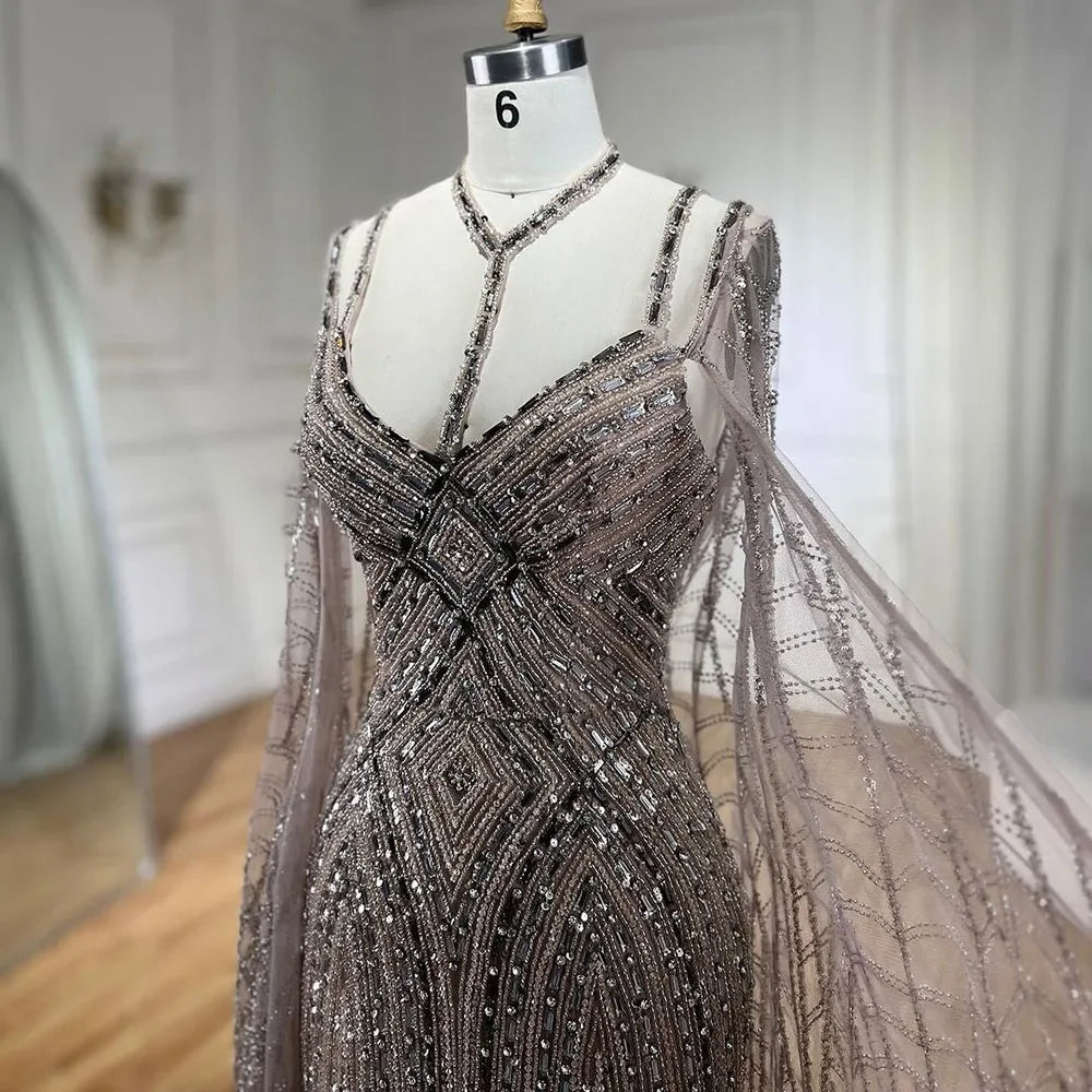 Luxury Beaded Mermaid Evening Dress with Caramel Cape Sleeves - Elegant Women's Party Gown for Prom, Wedding & Formal Events - Serene Hill Collection LA72053