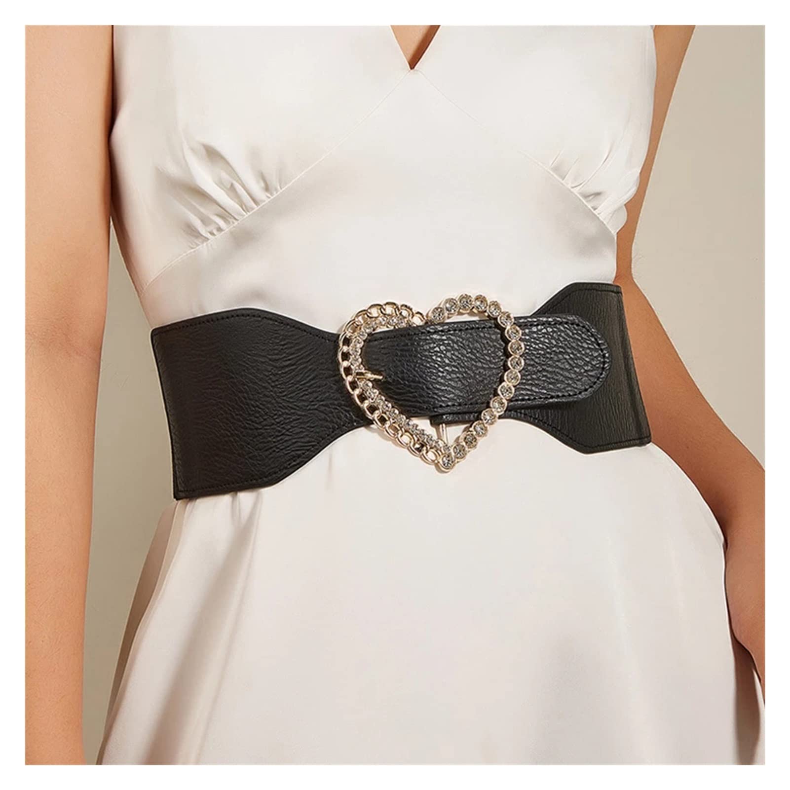 Vintage Elastic Corset Belt with Heart Rhinestone Buckle - Wide Waist Strap for Women's Dresses, Skirts & Coats - Decorative Girdle (Black, One Size) | Perfect for Retro Fashion, Evening Wear & Waist Cinching