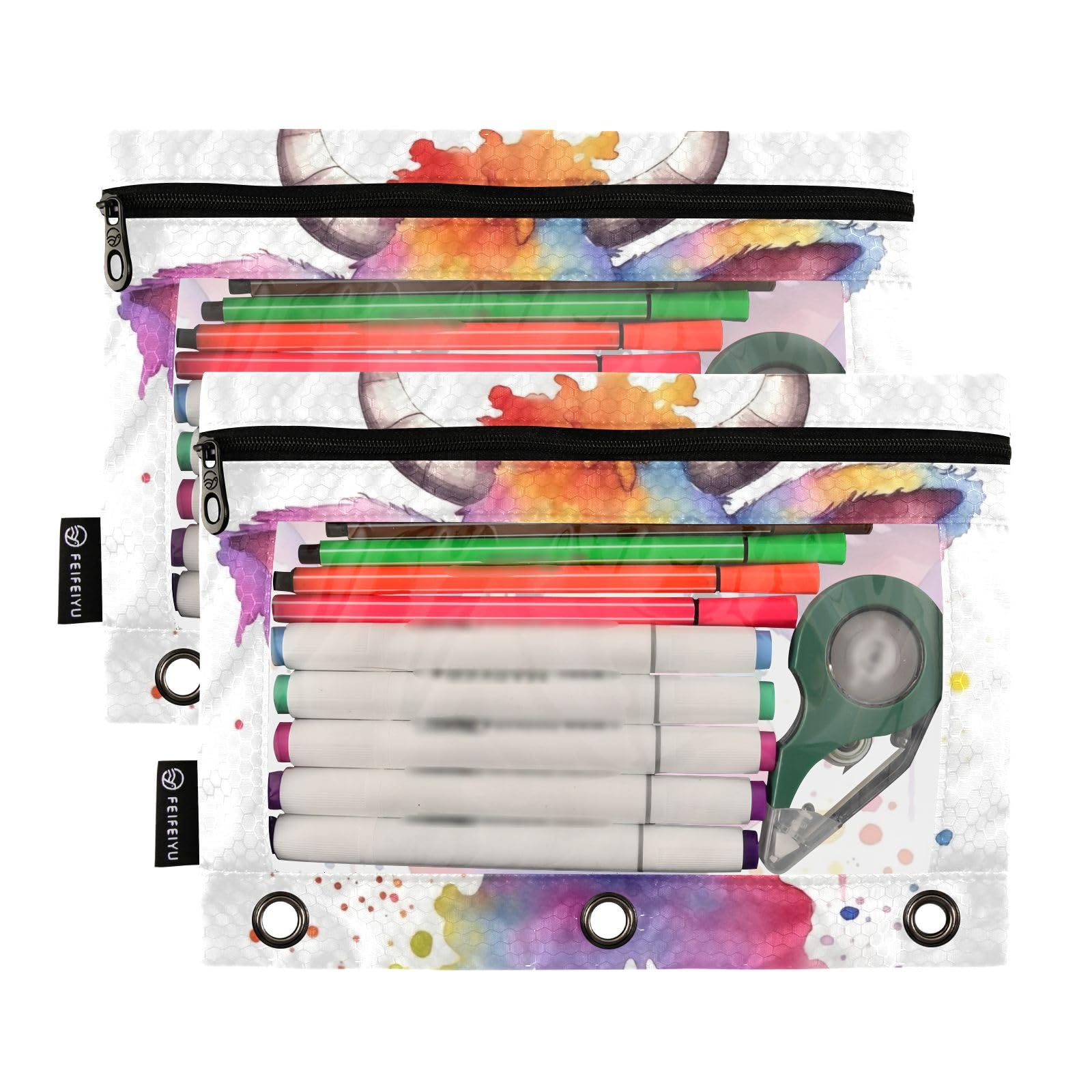Cute Pink Cow Binder Pencil Pouches - 2 Pack Zipper Pencil Case for 3 Ring Binder with Clear PVC Window, Durable Waterproof Polyester Pen Organizer - Perfect for School, Office & Art Supplies Storage