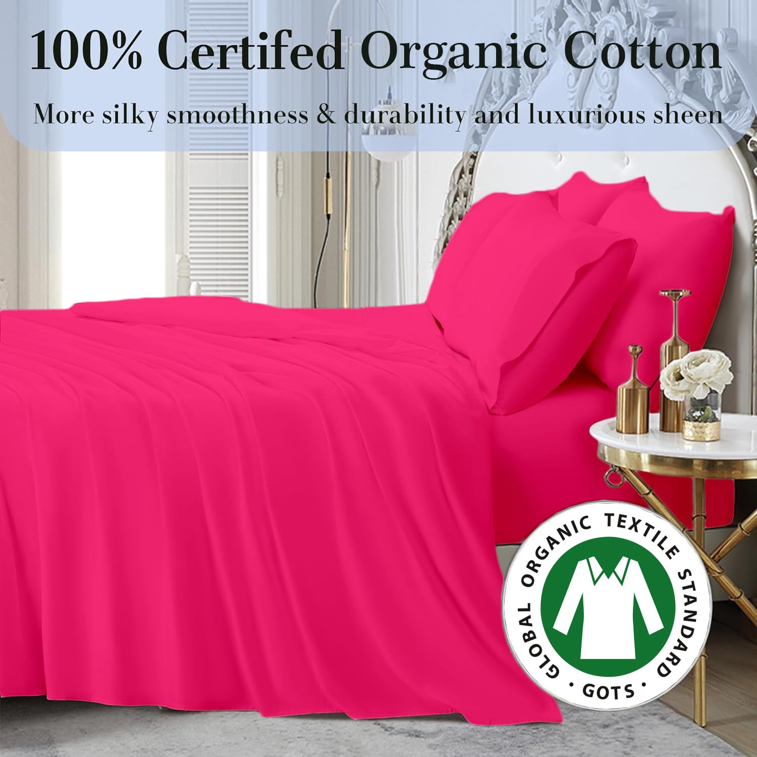 4Pc Queen Size Sheet Set - 100% Organic Cotton, 800 Thread Count, Soft & Breathable Luxury Bed Sheets with 8-12