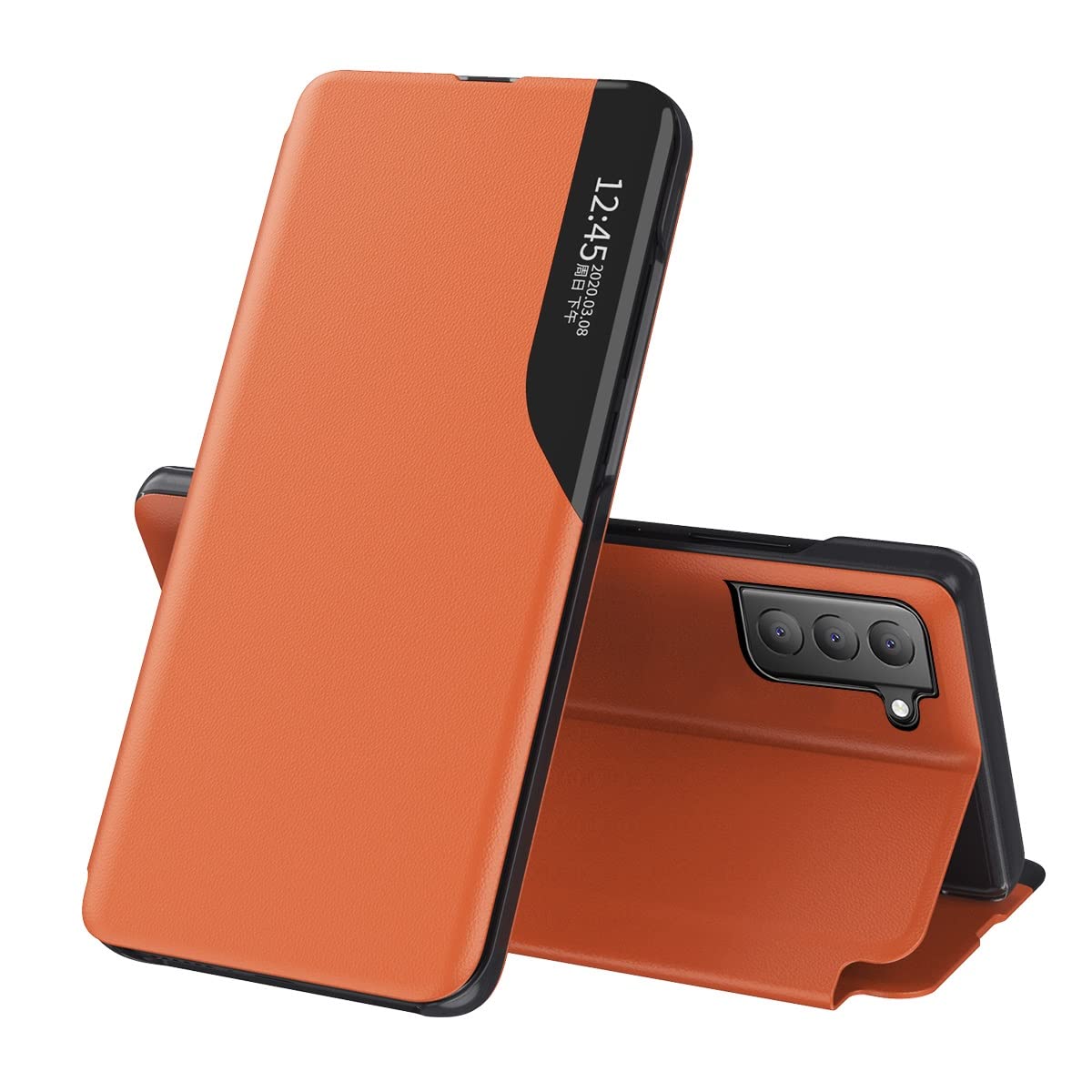 Premium PU Leather Flip Case for Samsung Galaxy S21 FE - Shockproof Side Display Protection, Horizontal Stand & Auto Sleep/Wake Cover - Orange (Perfect for Work, Travel & Everyday Use)