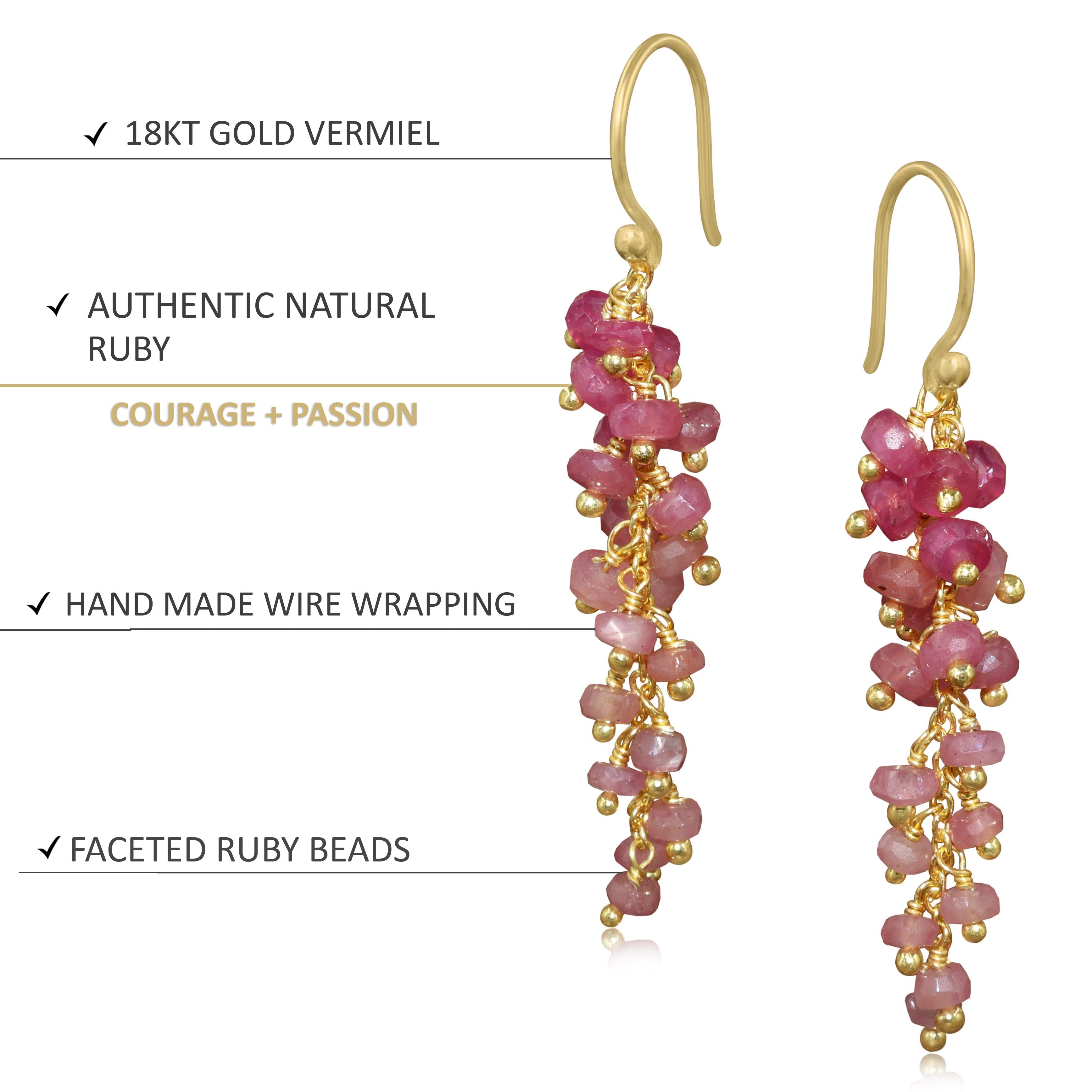 Natural Ruby Beaded Long Cluster Dangle Earrings for Women | Handmade Gemstone Jewelry | Elegant Boho Chic Accessories for Party, Wedding & Special Occasions