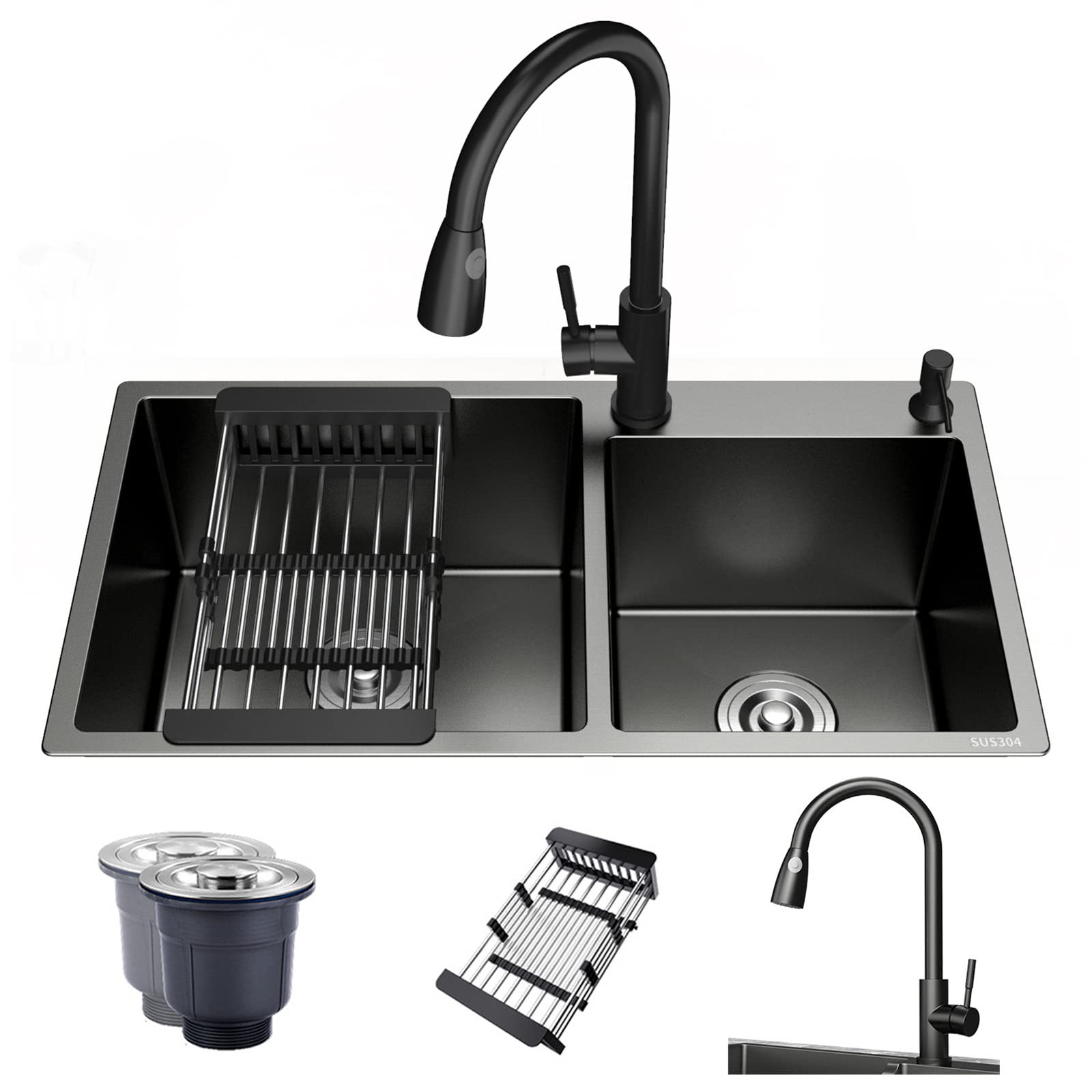 Black Stainless Steel Double Bowl Kitchen Sink with Rotating Faucet for Modern Homes