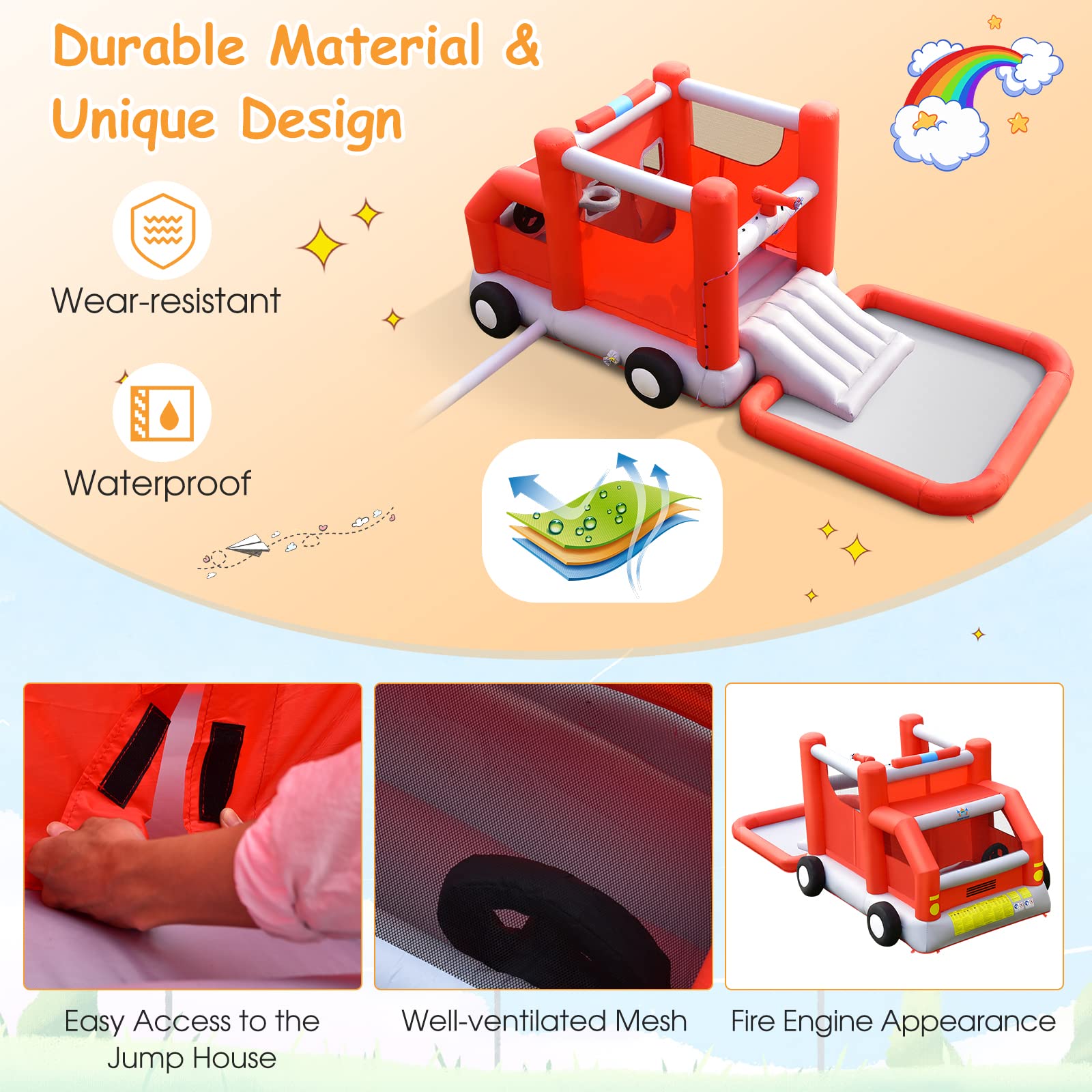 **BOUNTECH Inflatable Water Bounce House - Fire Truck Water Park Bouncy Castle with Slide & Splash Pool, Wet & Dry Combo for Kids Outdoor Play - Perfect for Backyard Birthday Parties, Summer Fun, Boys & Girls Ages 3-12**    *(Use Case: Ideal for backyard parties, summer gatherings, kids' outdoor play, and birthday celebrations!)*