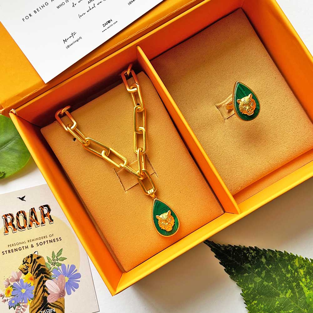 Tigris Charm Gift Box - Tiger Necklace & Ring Set with Genuine Malachite Stone for Women, Unique Jewelry Gift for Birthday, Anniversary, or Special Occasions | Perfect for Boho, Nature Lovers & Spiritual Healing
