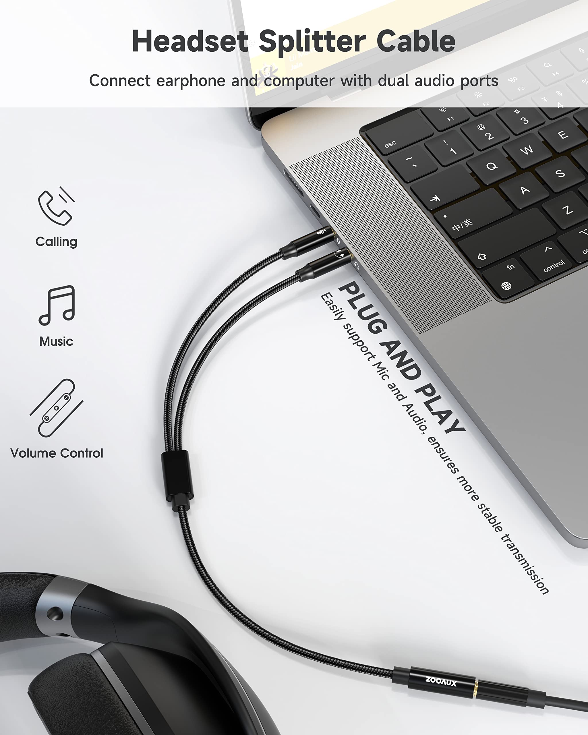 ZOOAUX 3.5mm Headphone Mic Stereo Y Splitter - Female to Dual Male Audio Jack Adapter for Gaming Headset, PC, Laptop & Speaker | Perfect for Online Meetings, Gaming & Music Streaming