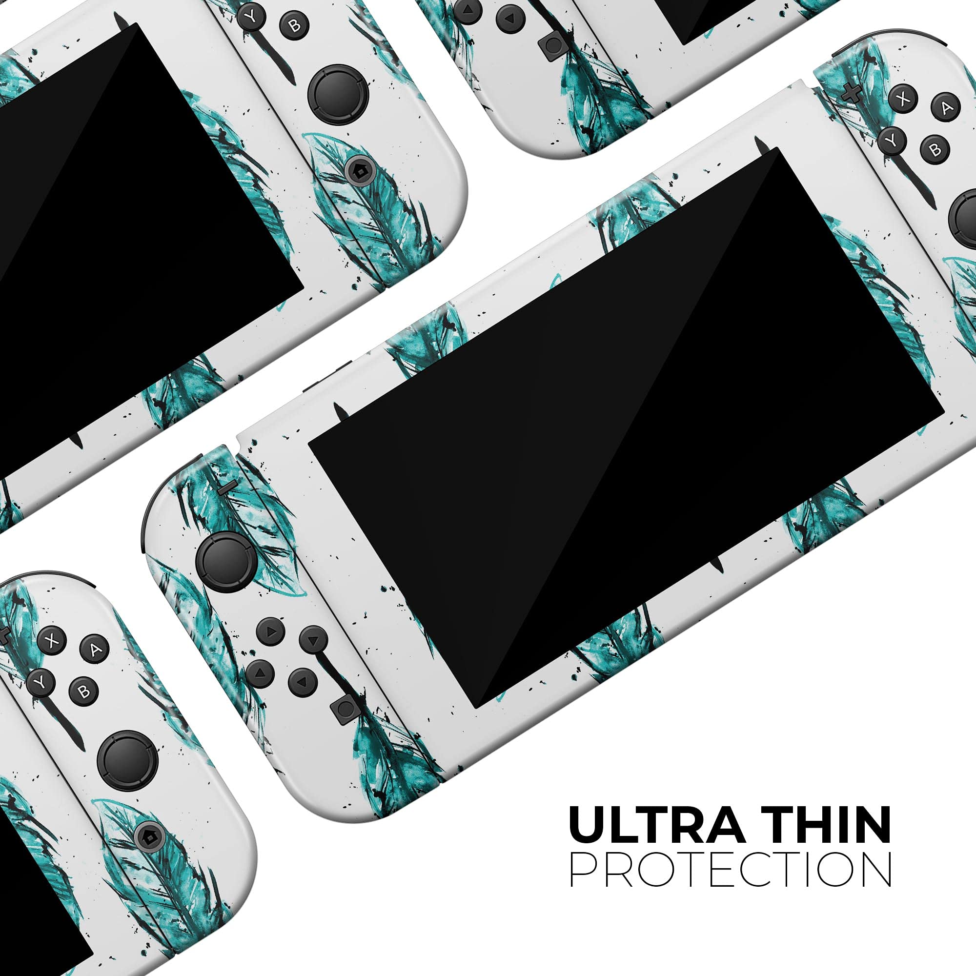 Nintendo Switch Joy-Con Skin Decal - Scratch-Resistant Removable Vinyl Wrap Cover - Splattered Teal Watercolor Feathers Design - Protective Cover for Gaming Accessories - Perfect for Switch Joy-Con Controllers Protection and Customization